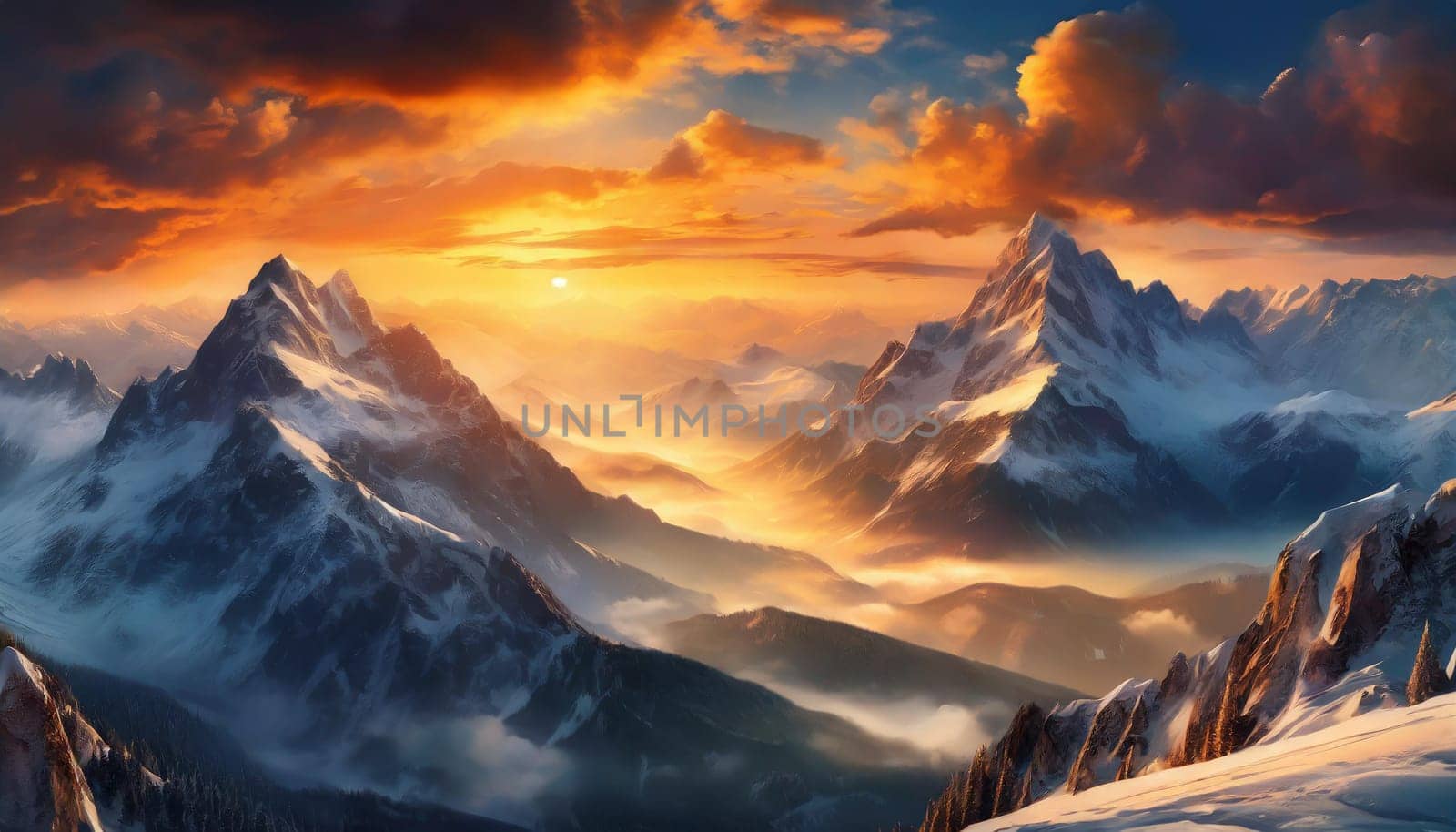 Snowy mountains with clouds during a dark evening. Panoramic view of famous mountain peaks during evening light at sunset