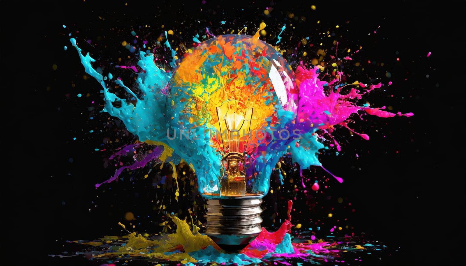 Creative light bulb explodes with colorful paint and splashes on a black background. Think differently creative idea concept