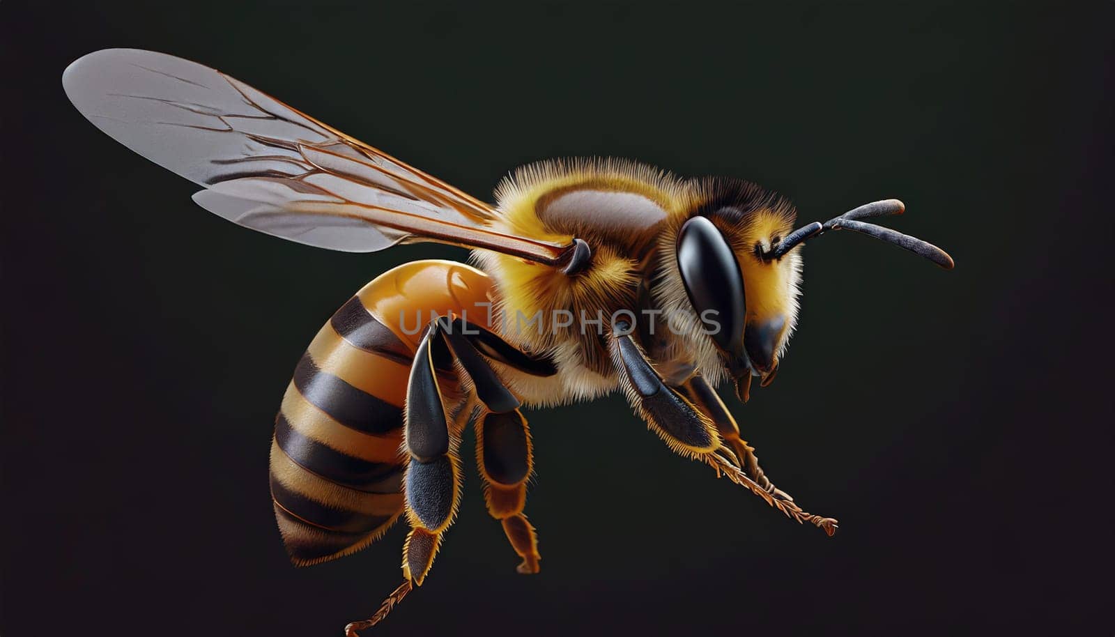 a stunning bee is flying, isolated on transparent background, macro, incredible pollinator