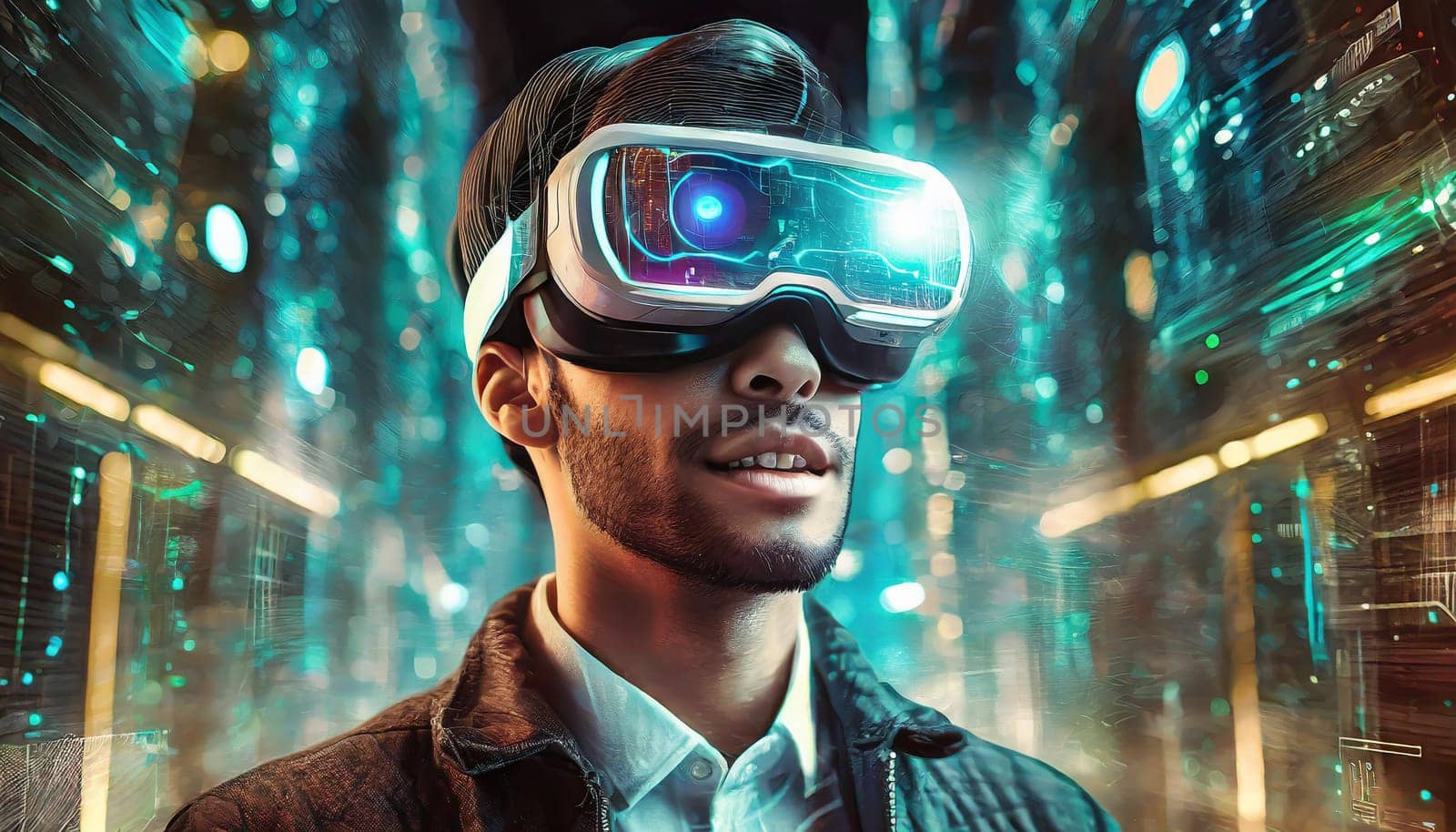 A person getting experience using VR-headset glasses. Digital future and innovation. Visual reality concept. One with glasses of virtual reality. Happy using VR headset. This is cool