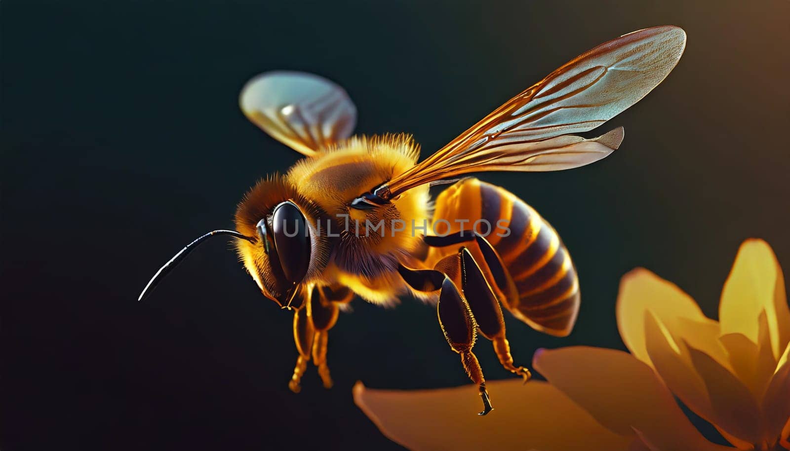 a stunning bee is flying, isolated on transparent background, macro, incredible pollinator