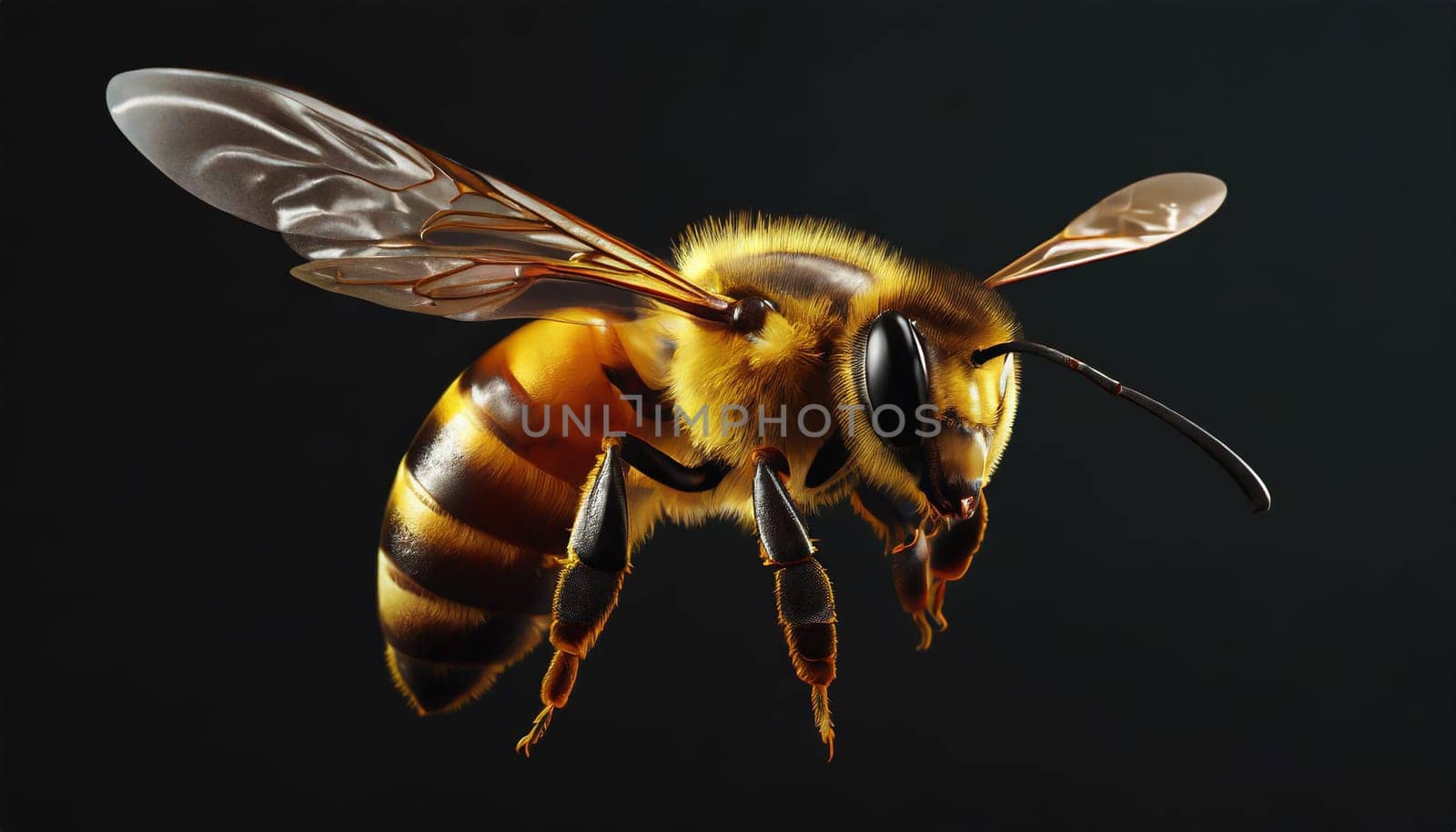 a stunning bee is flying, isolated on transparent background, macro, incredible pollinator