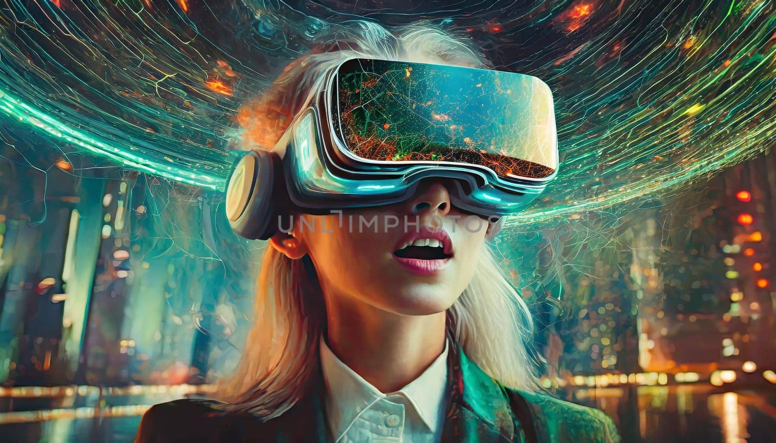 A person is lost in a digital world, their face obscured by the sleek goggles, as they explore the endless possibilities of virtual clothing