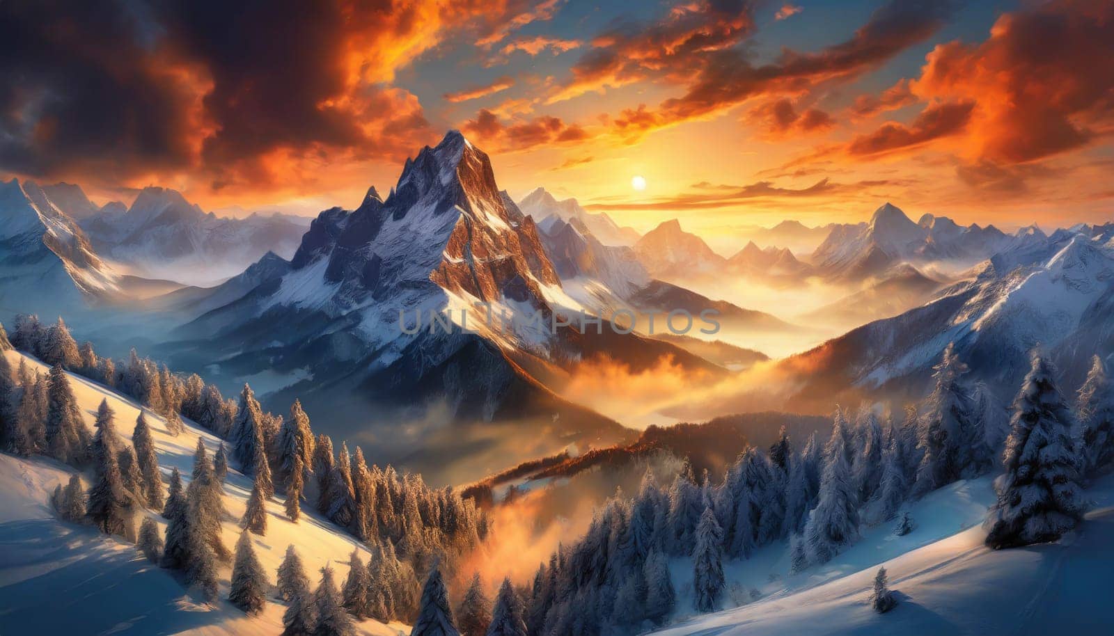 Snowy mountains with clouds during a dark evening. Panoramic view of famous mountain peaks during evening light at sunset