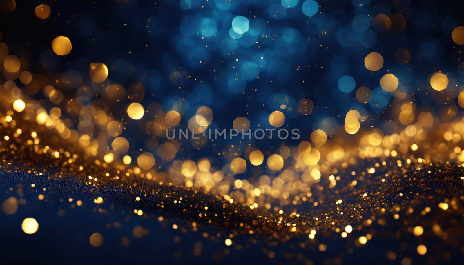 abstract background with Dark blue and gold particle. Christmas Golden light shine particles bokeh on navy blue background. Gold foil texture.