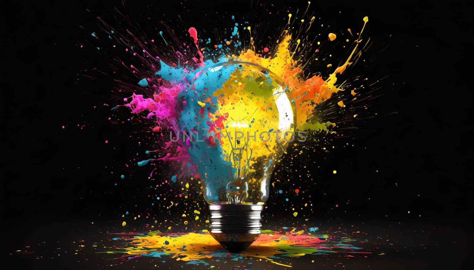 Creative light bulb explodes with colorful paint and splashes on a black background. Think differently creative idea concept