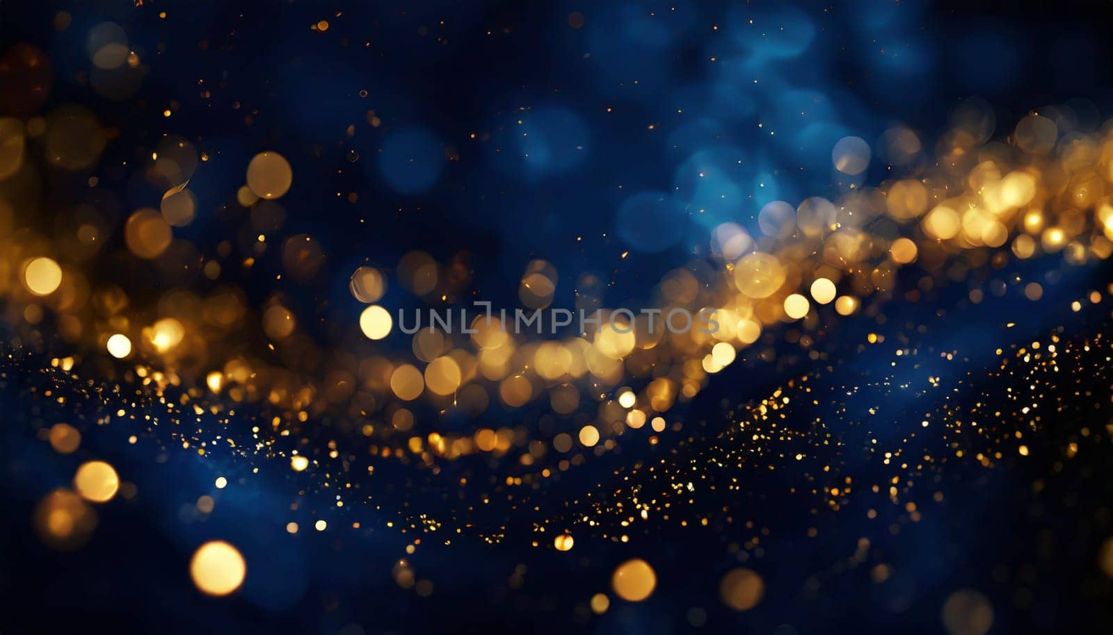 abstract background with Dark blue and gold particle. Christmas Golden light shine particles bokeh on navy blue background. Gold foil texture.