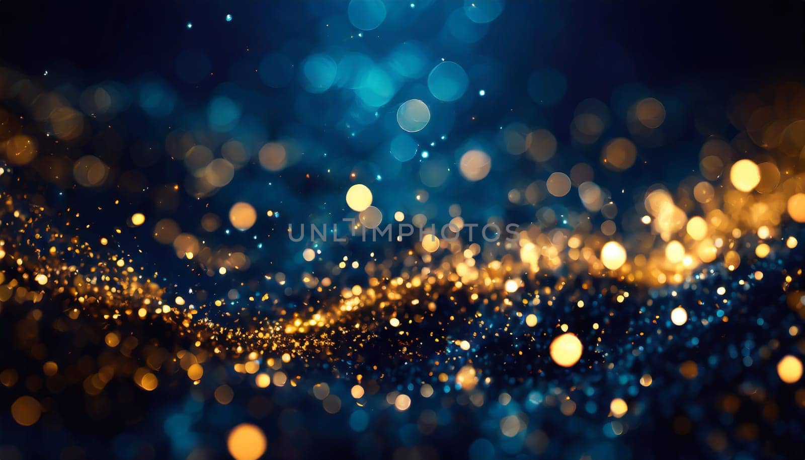 abstract background with Dark blue and gold particle. Christmas Golden light shine particles bokeh on navy blue background. Gold foil texture.