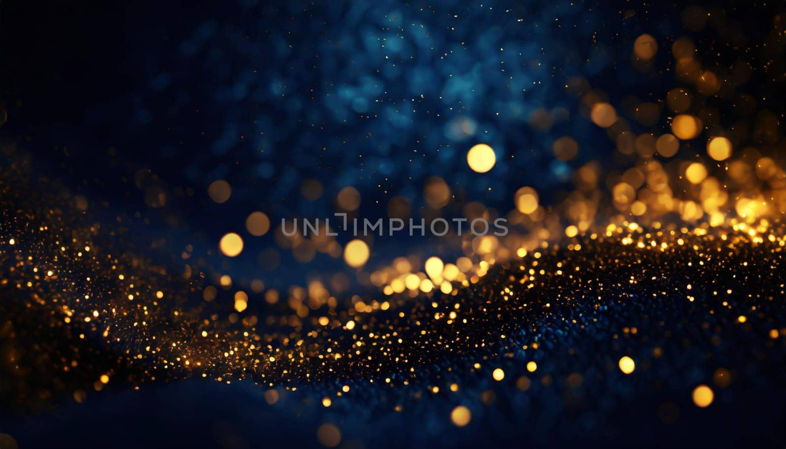 abstract background with Dark blue and gold particle. Christmas Golden light shine particles bokeh on navy blue background. Gold foil texture.