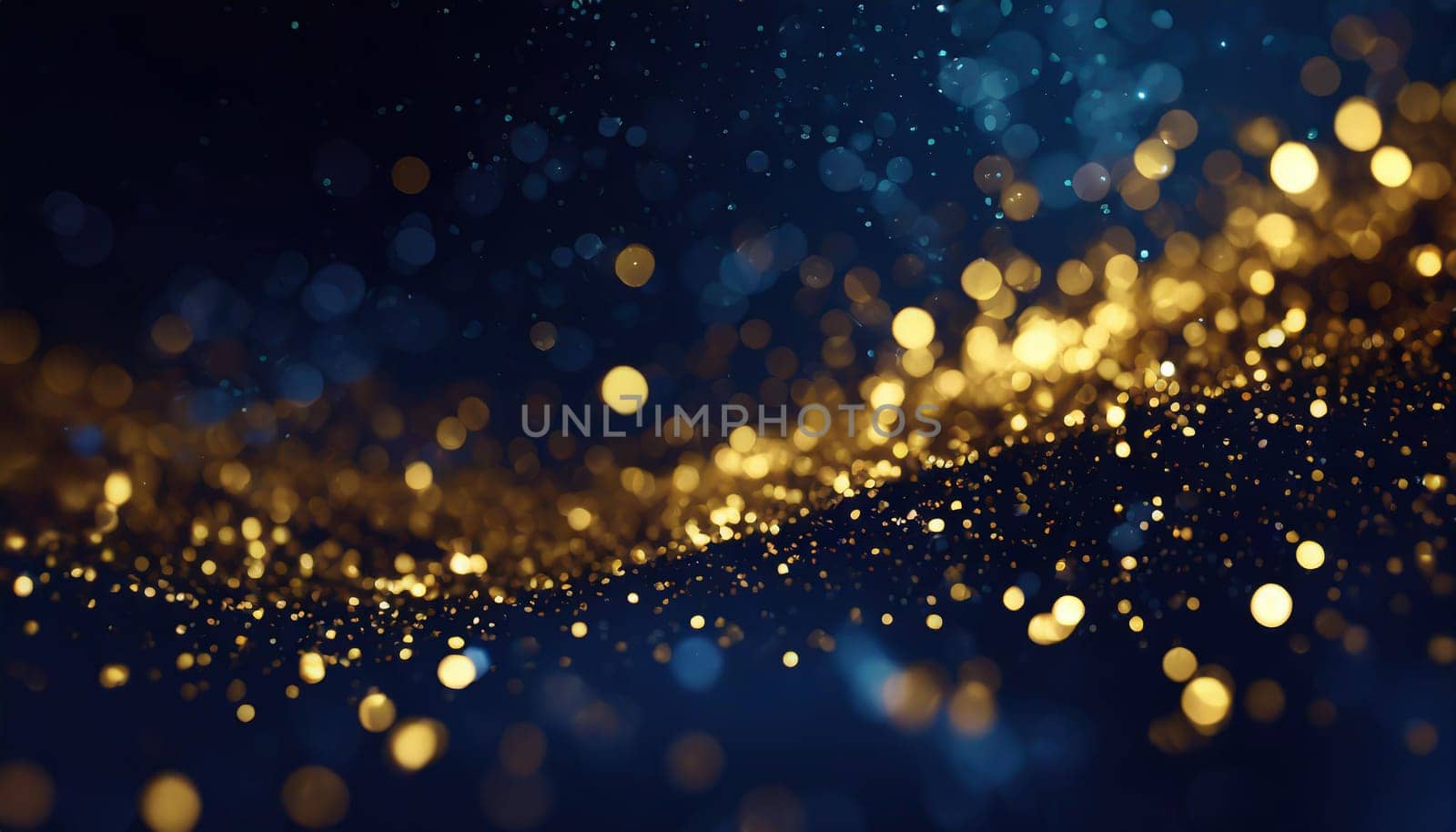 abstract background with Dark blue and gold particle. Christmas Golden light shine particles bokeh on navy blue background. Gold foil texture.