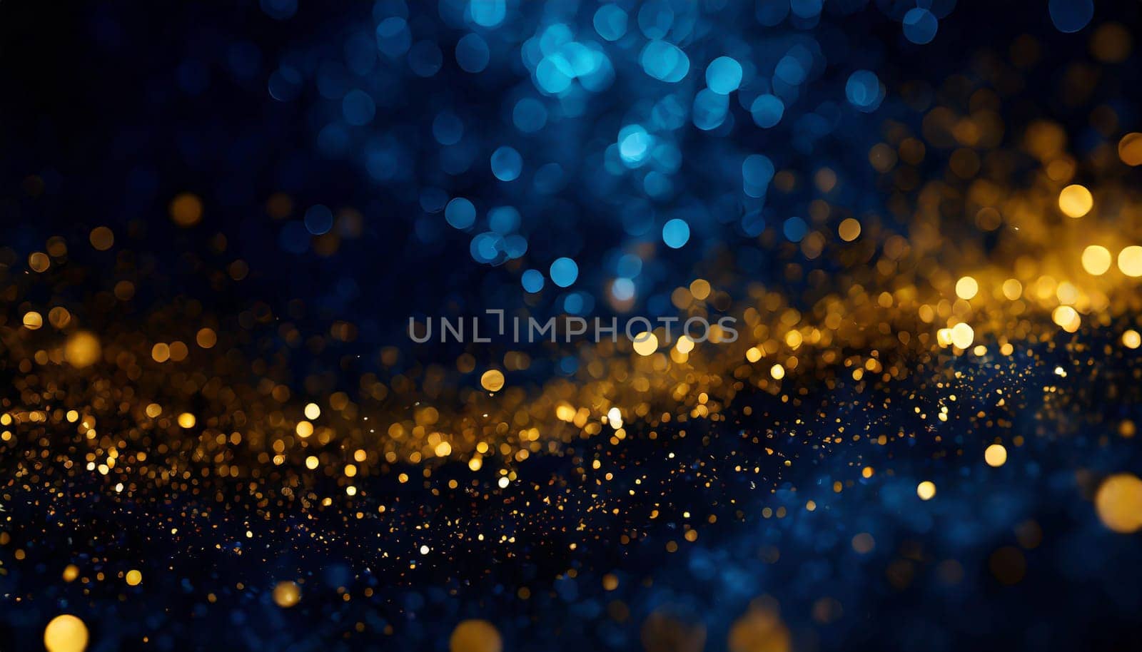 abstract background with Dark blue and gold particle. Christmas Golden light shine particles bokeh on navy blue background. Gold foil texture.