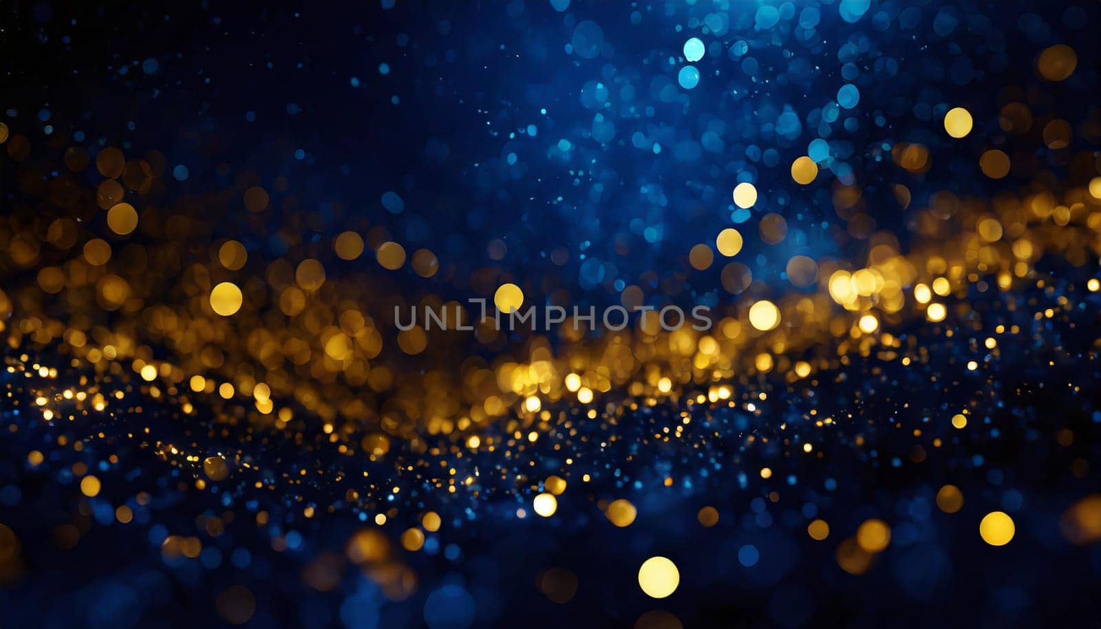 abstract background with Dark blue and gold particle. Christmas Golden light shine particles bokeh on navy blue background. Gold foil texture.