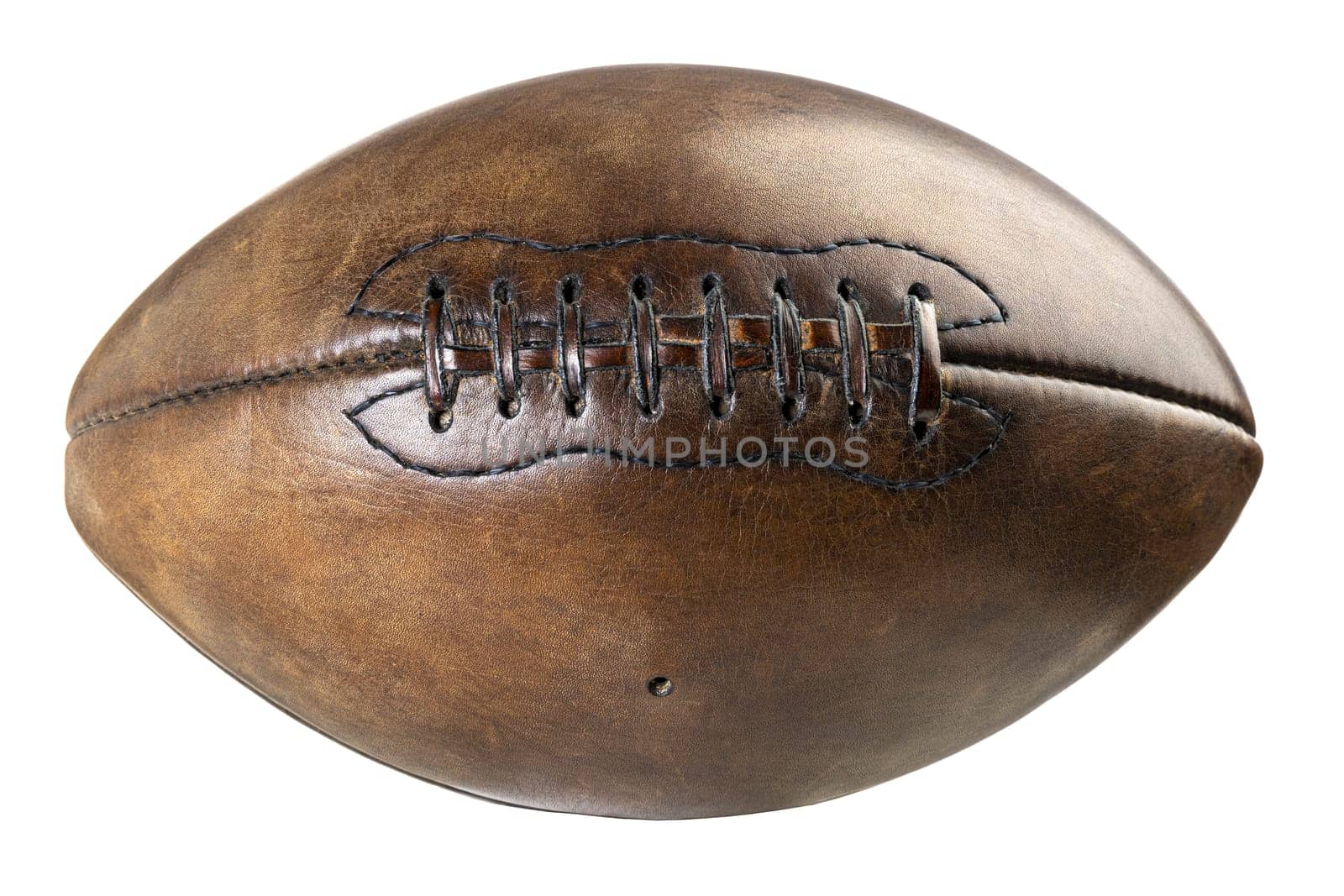 Classic leather rugby ball isolated on white, showcasing its textured surface and stitching