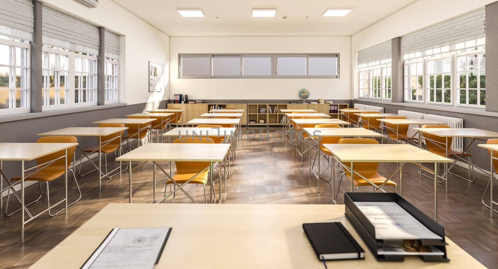 Empty classroom with wooden floors, desks, and natural daylight 3d render