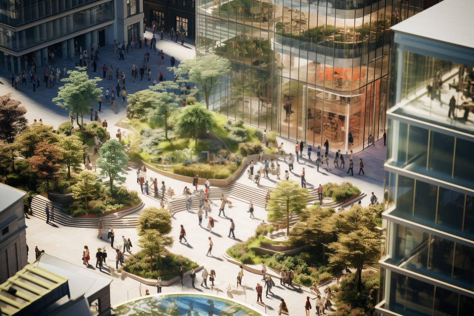 Aerial view of crowded downtown in the city. Drone view of financial and commercial district. High glass buildings with offices and stores. Modern architecture. People walking on the city square