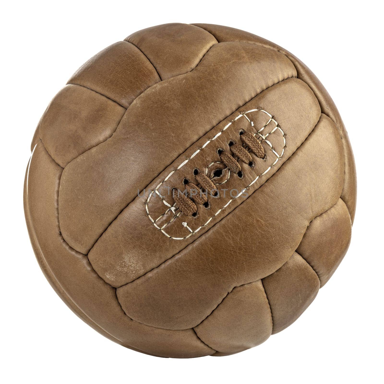 Classic brown leather football with traditional lacing, isolated on a white background