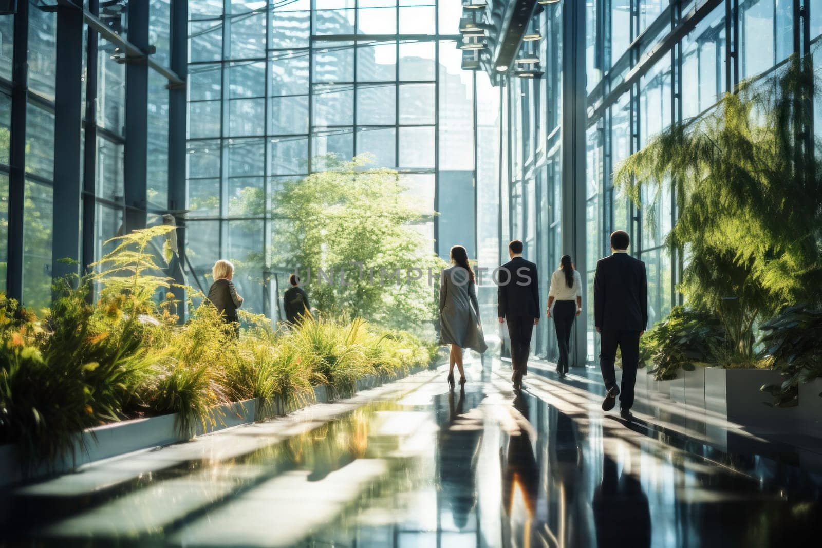 Corporate luxury modern interior. Business open space. Hotel lobby. Business people walking in modern glass company office building. High glass walls. Green interior with many plants. Contemporary building