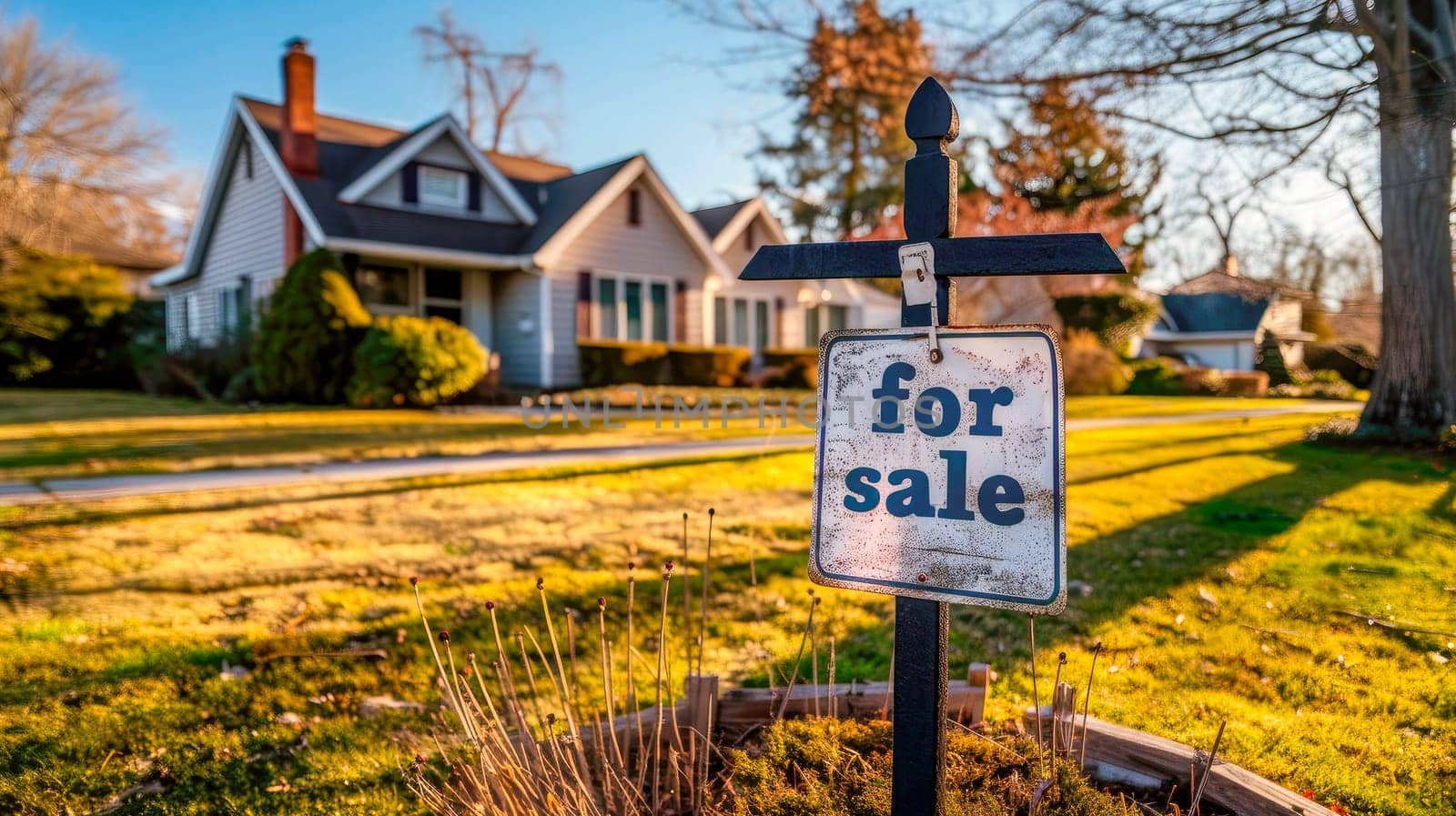 Home for sale. Real estate concept - suburban home with a FOR SALE  sign in the yard. AI generated