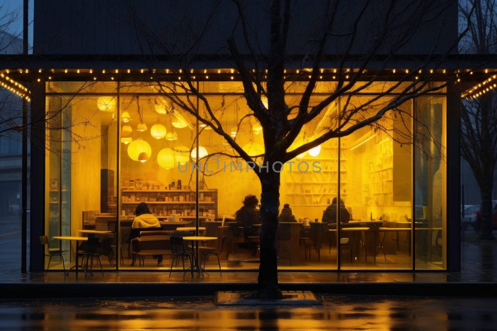 People sitting in coffee shop at night on rainy evening. Exterior of restaurant with large front store windows. Cafe illuminated inside by neon lights. Popular place. Open cafe. Small business. Coffee house at night