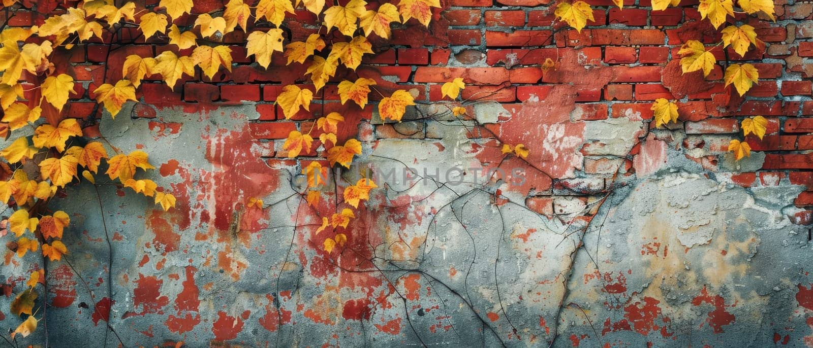 A cascade of autumn leaves drapes over a wall bearing the scars of time, a natural palette against the urban canvas