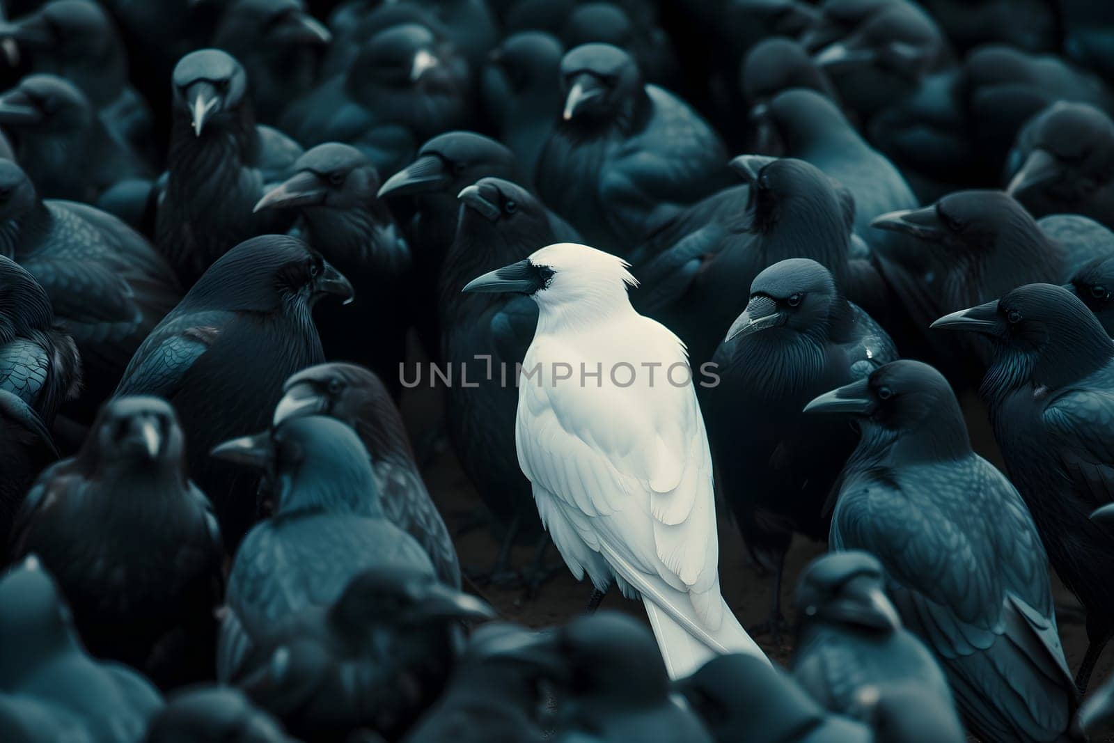 A white crow among many black crows. Neural network generated image. Not based on any actual scene or pattern.