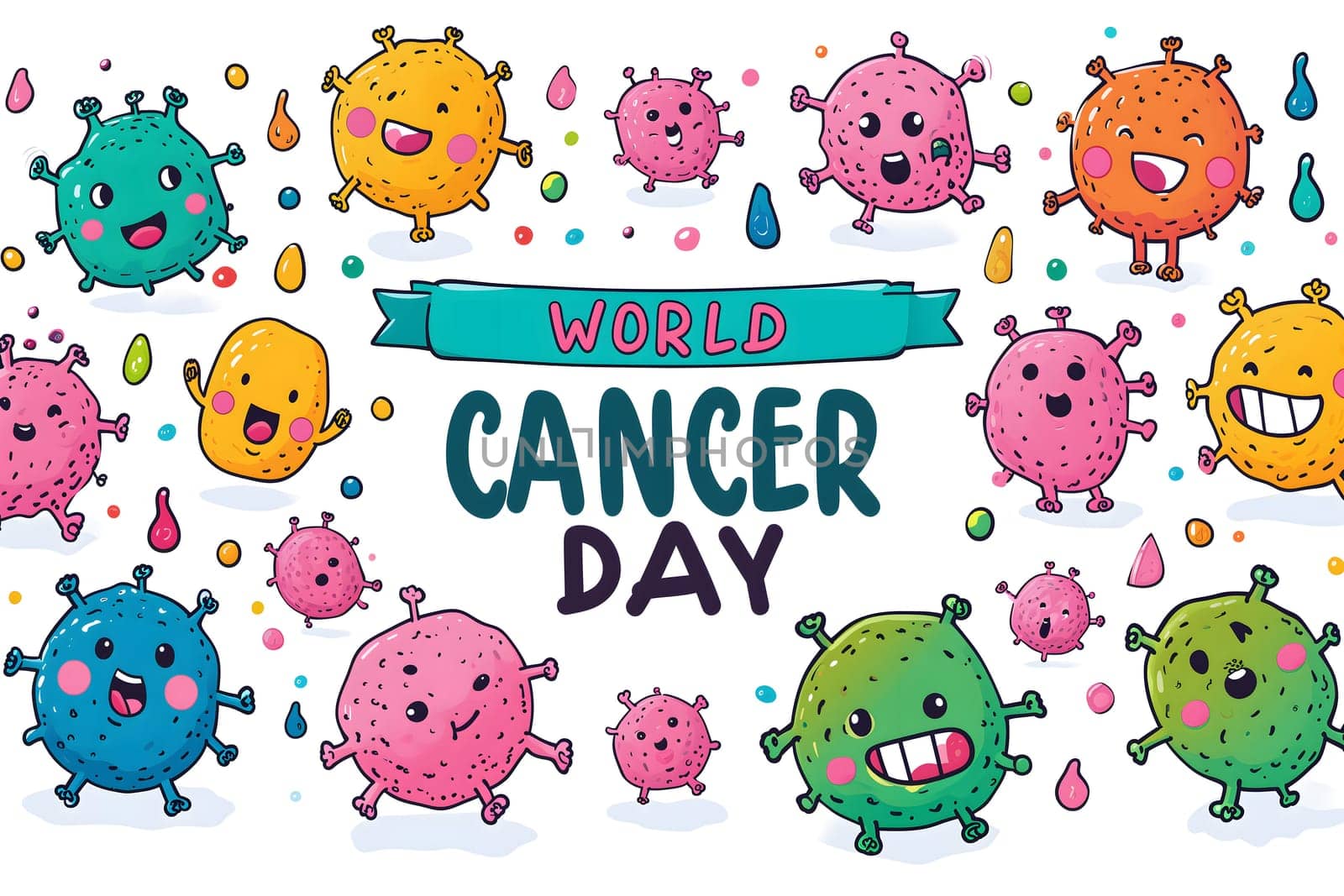 Simple cartoon world cancer day background with the inscription on it, surrounded with colorful happy tumors. Neural network generated image. Not based on any actual scene or pattern.