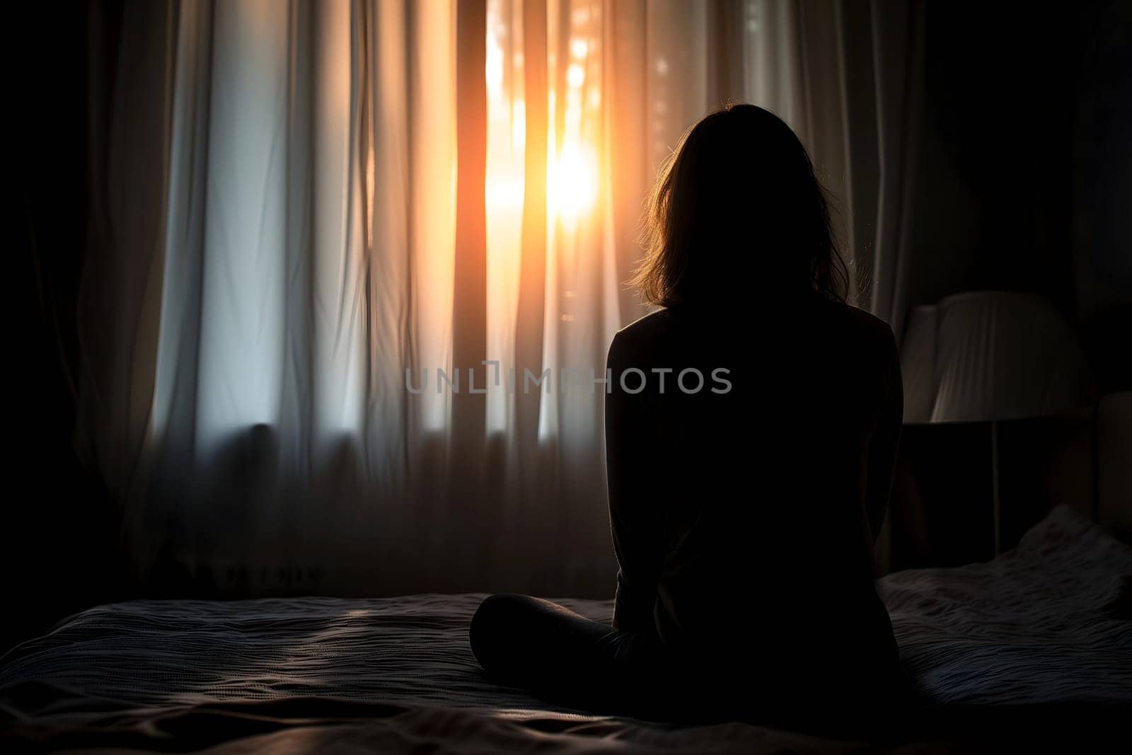 Silhouette woman sitting on the bed in the dark room with lamp, Sad woman. Neural network generated image. Not based on any actual scene or pattern.