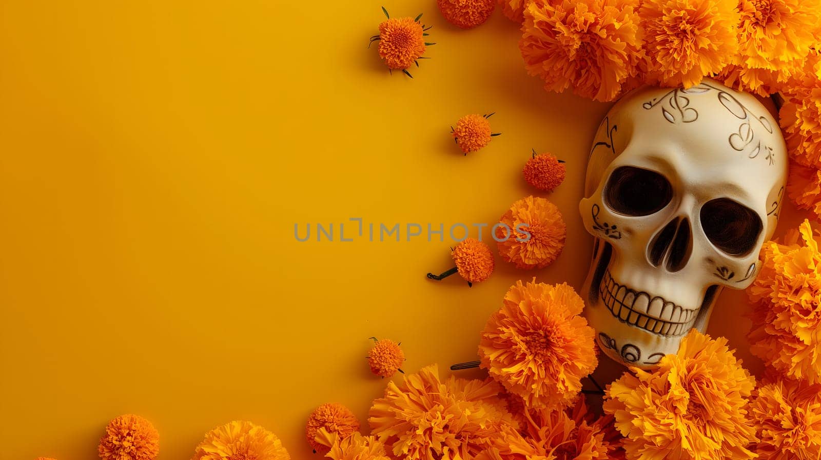 Dia De Los Muertos or Day of the Dead Celebration Banner background with sculls and yellow flowers. Not based on any actual person, scene or pattern.