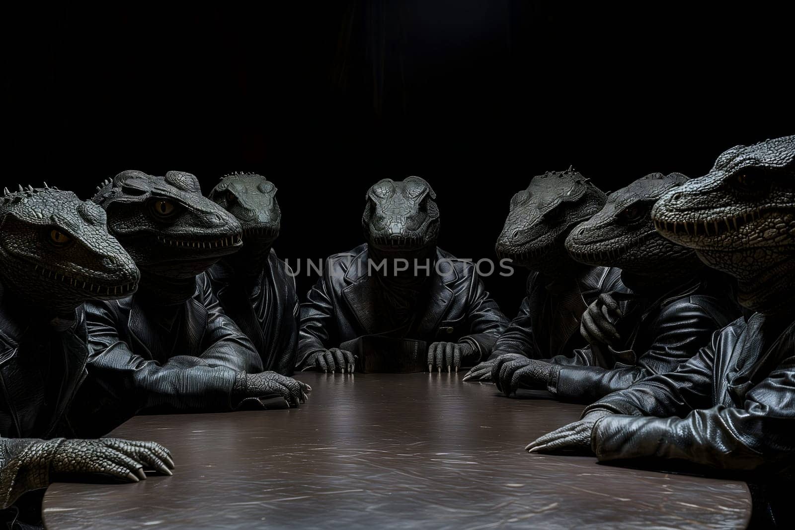 Group of reptile men in business suits sitting at the table in dark room, secret world government concept. Neural network generated image. Not based on any actual scene or pattern.