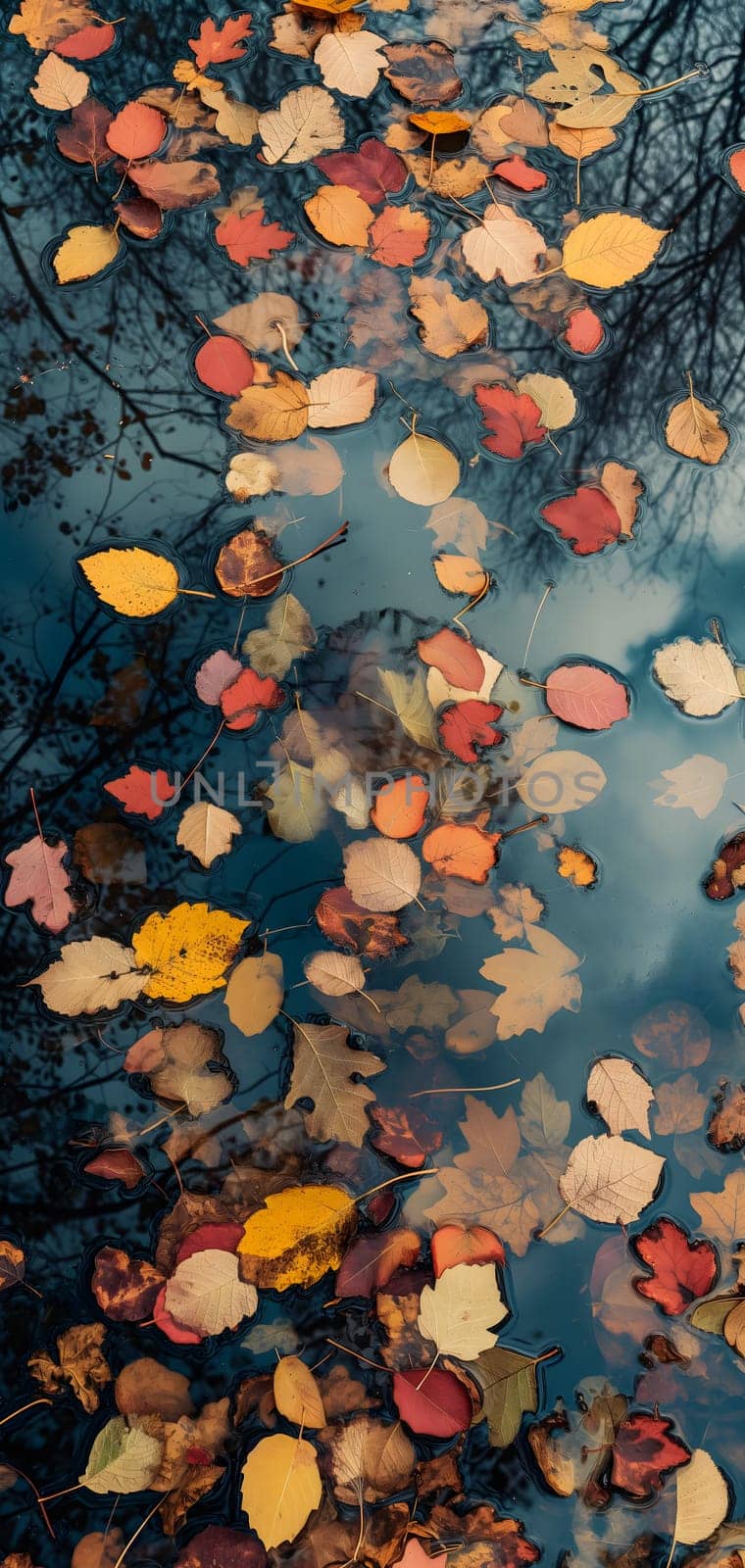 An abstract composition of colorful autumn leaves floating on a reflective water surface of a pond. Neural network generated image. Not based on any actual scene or pattern.