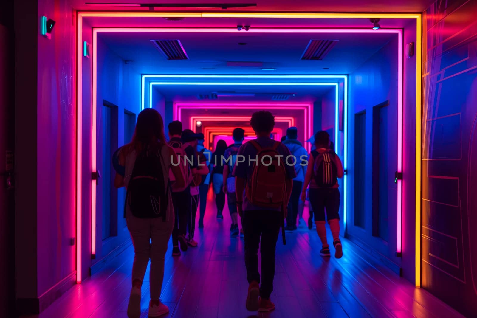 A group of people walking down a hallway with colorful lights. Neural network generated image. Not based on any actual scene or pattern.