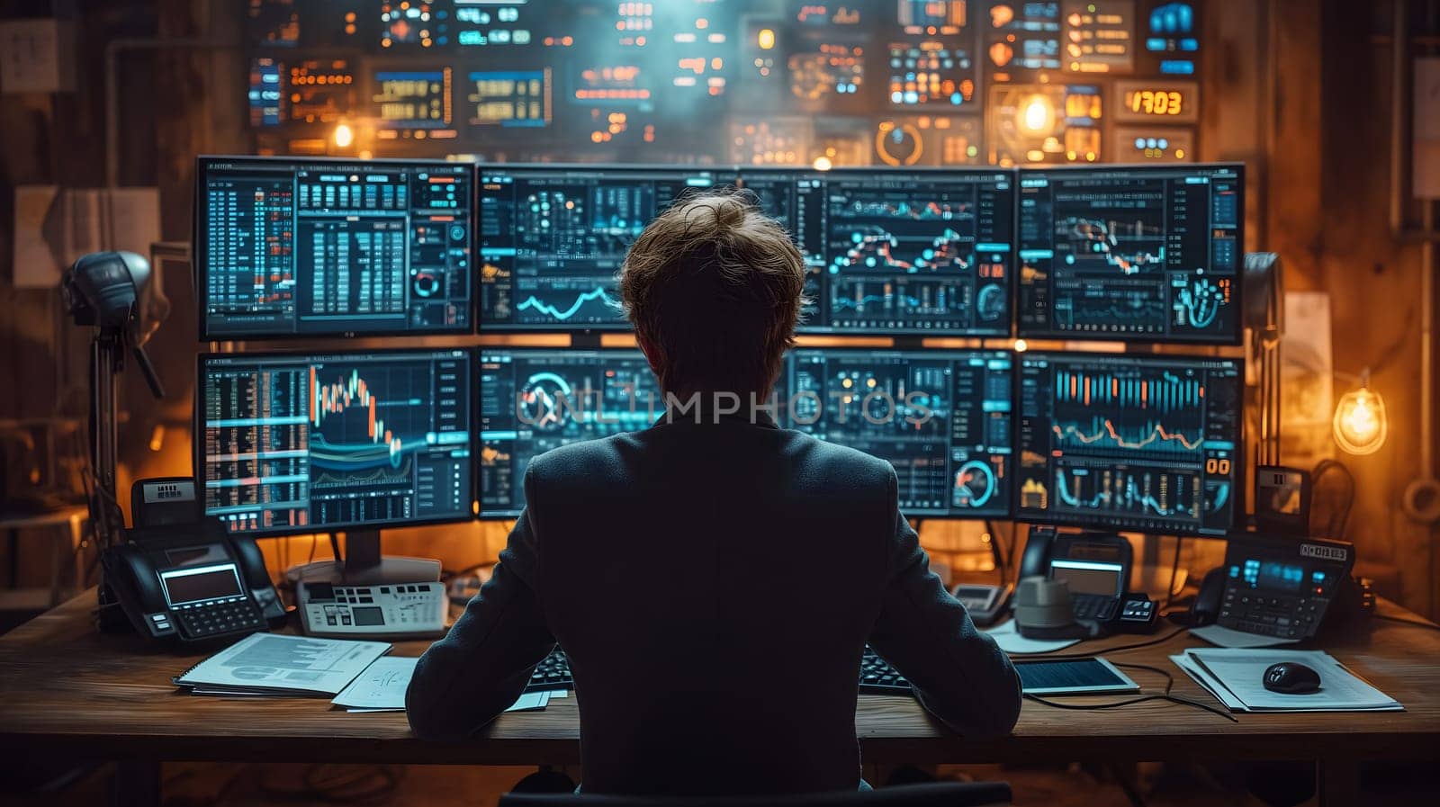 Back view of a financial analyst day trader working on computer with many screens that shows real-time stock data. Neural network generated image. Not based on any actual scene or pattern.
