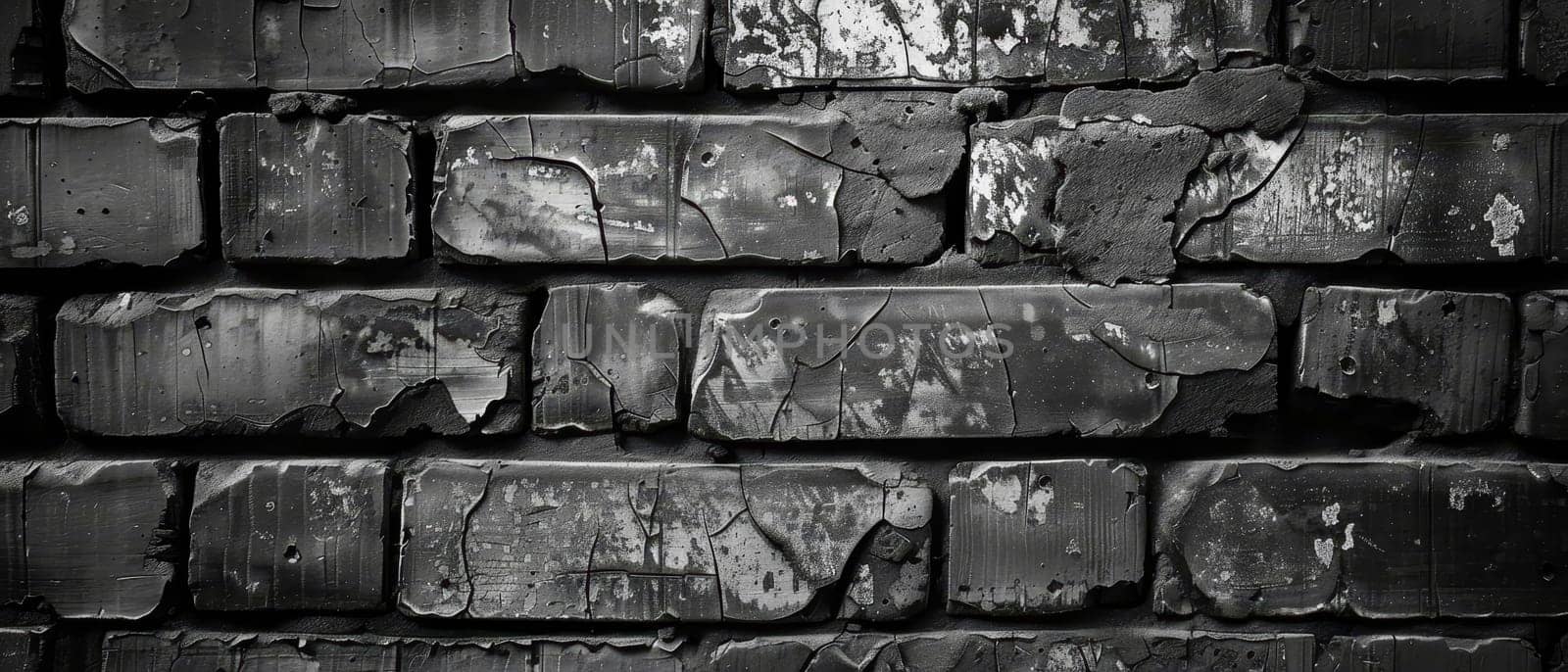 Detailed monochrome close-up of cracked paint on brickwork, illustrating the intricate patterns of decay and the relentless march of time