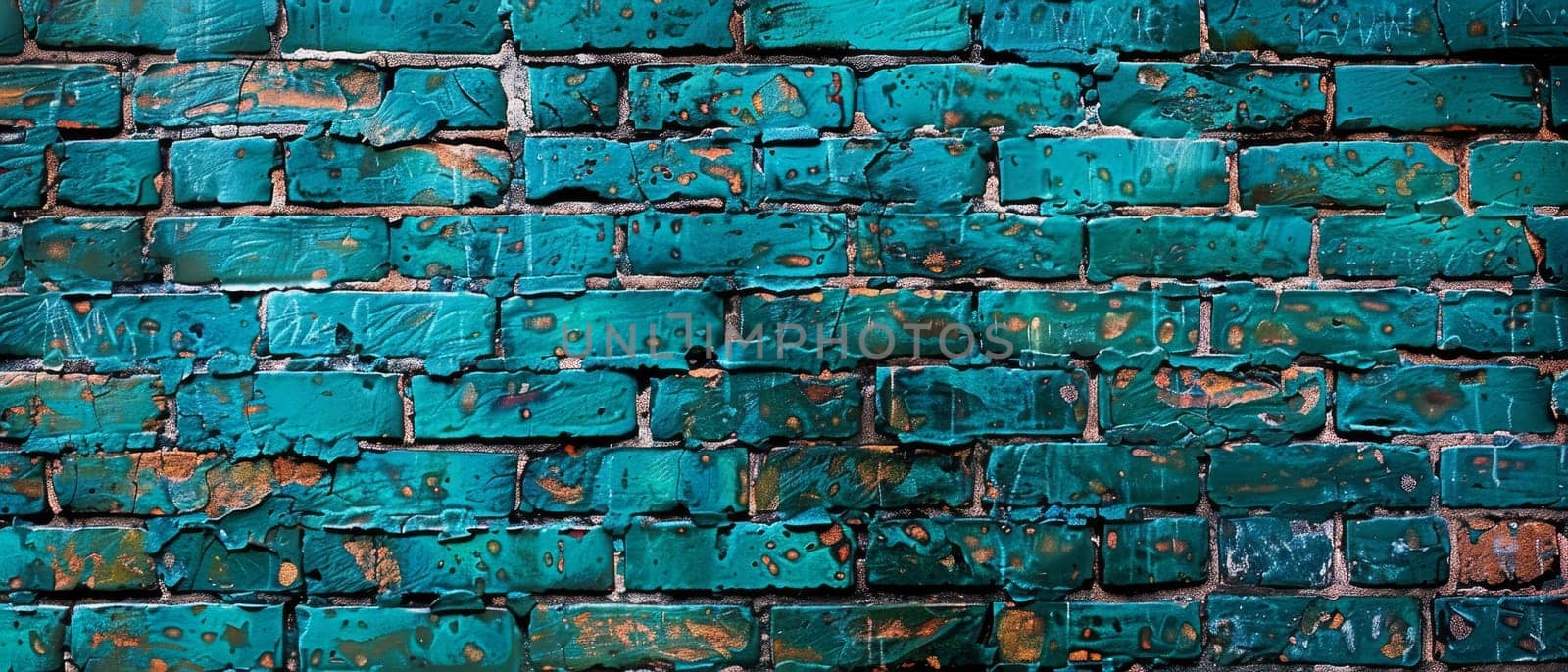 This wide image showcases an abstract pattern of turquoise bricks, merging texture and color into an artistic urban statement