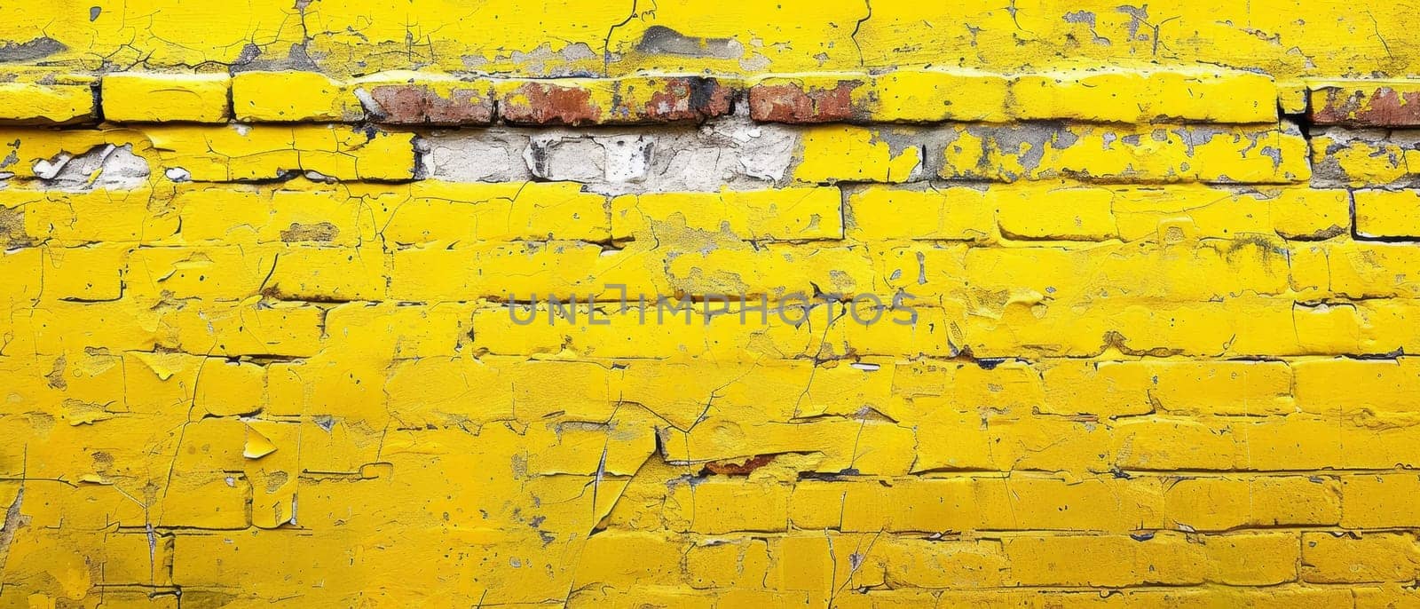 A wide-angle view of a yellow brick wall with a myriad of textures from peeling paint and cracks. The wall's history is evident in its layered decay