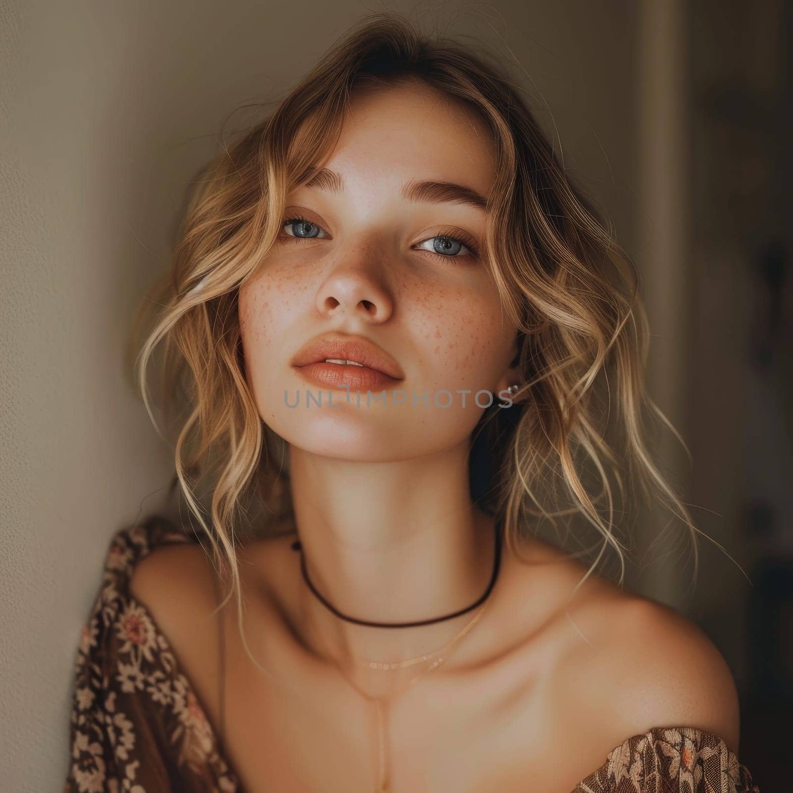 A young woman's freckled complexion and thoughtful look offer a glimpse into her serene and introspective nature