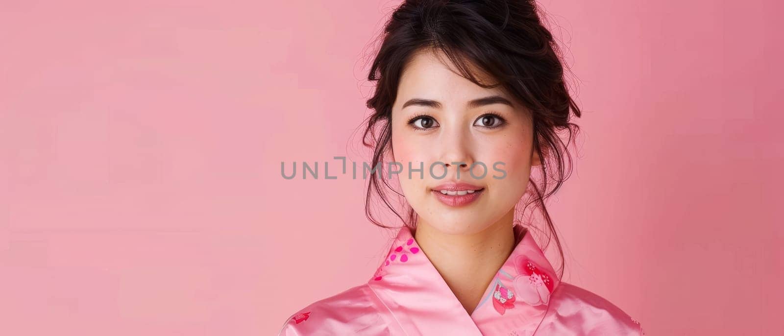 In profile, a young woman adorned in a pink kimono gazes softly away. Her natural beauty is accentuated by the garment's delicate floral pattern