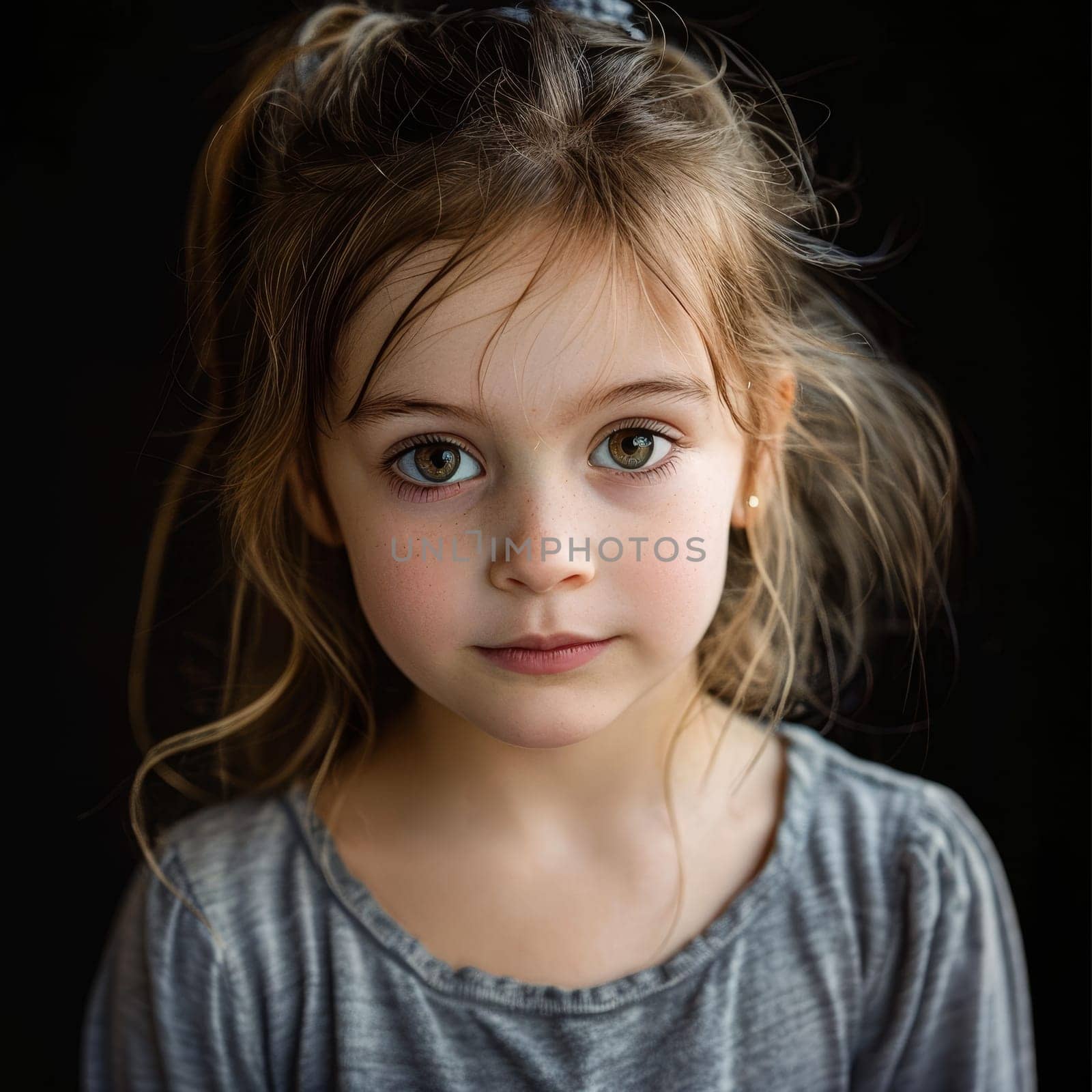 A thoughtful girl with a piercing gaze, her eyes holding stories untold. The muted tones of her clothing contrast with the intensity of her look, creating a striking portrait