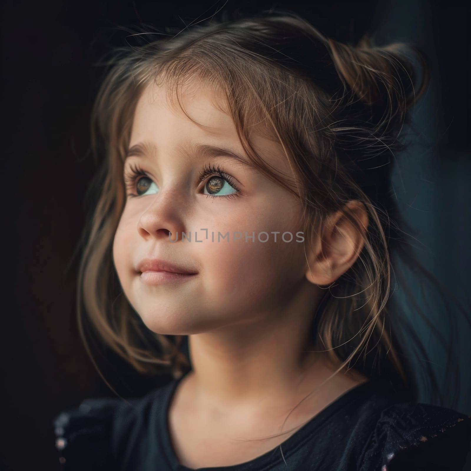 A young girl with a dreamy expression looks afar, her green eyes sparkling with curiosity. The natural light captures the softness of her features and the gentle tone of her gaze
