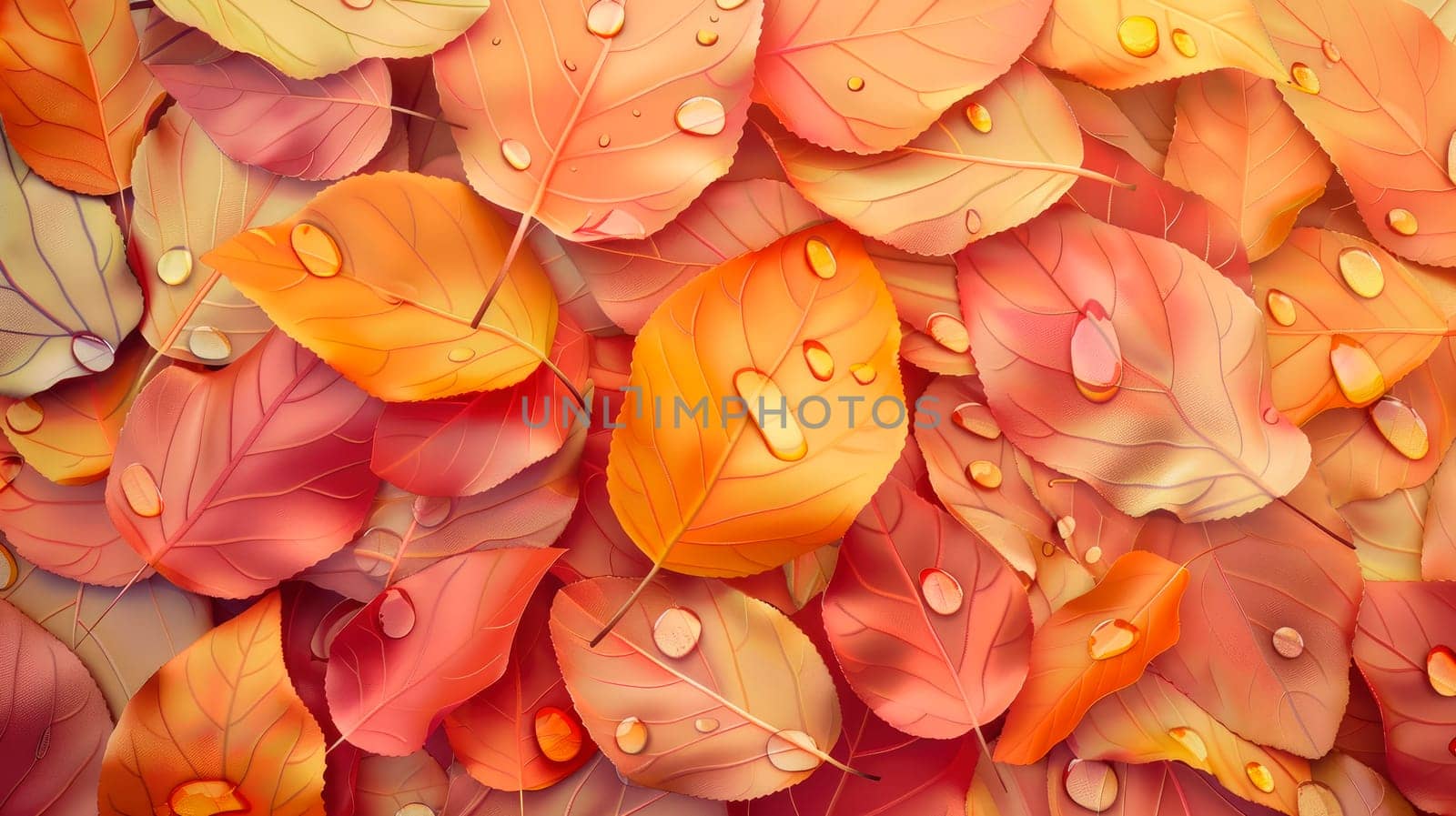Creative nature backdrop made of colorful wet leaves. Flat lay background. AI generated