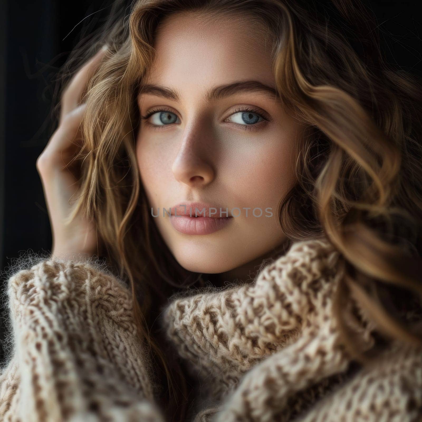 A serene beauty enveloped in cozy knitwear, her blue eyes reflecting a quiet strength and grace. The soft curls of her hair frame her face, enhancing her contemplative mood