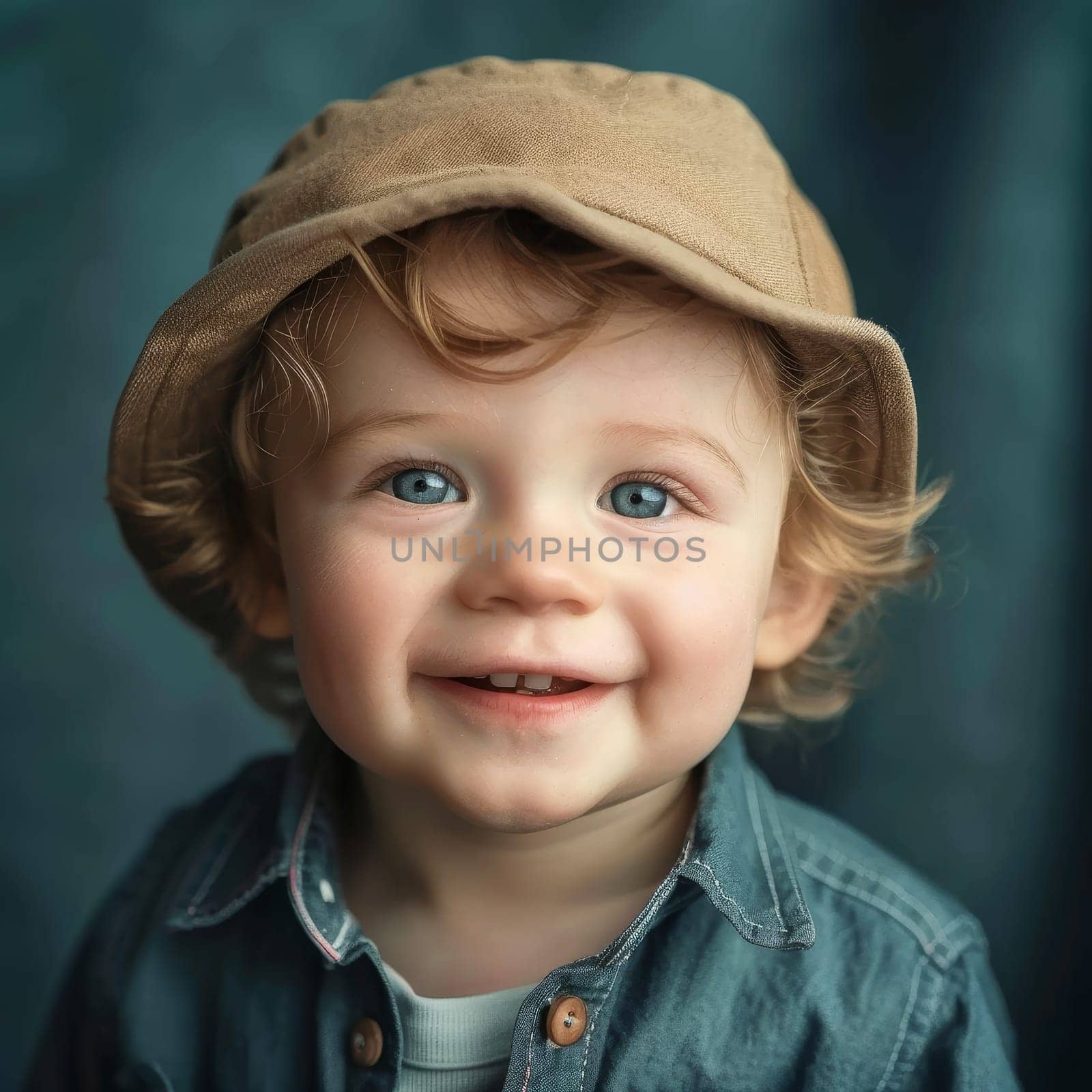 A cheerful toddler with sparkling blue eyes smiles warmly under a soft brown cap, radiating joy and innocence. The denim shirt adds a touch of casual style to the youthful portrait