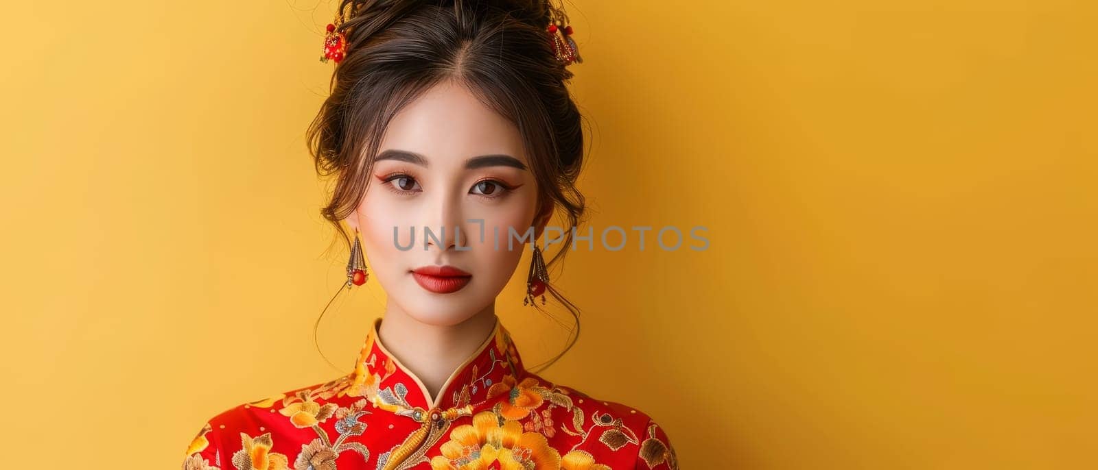 A woman in a traditional red cheongsam stands poised against a yellow backdrop, her hairstyle and jewelry reflecting classic elegance. Her gaze is confident, embodying the fusion of modern beauty