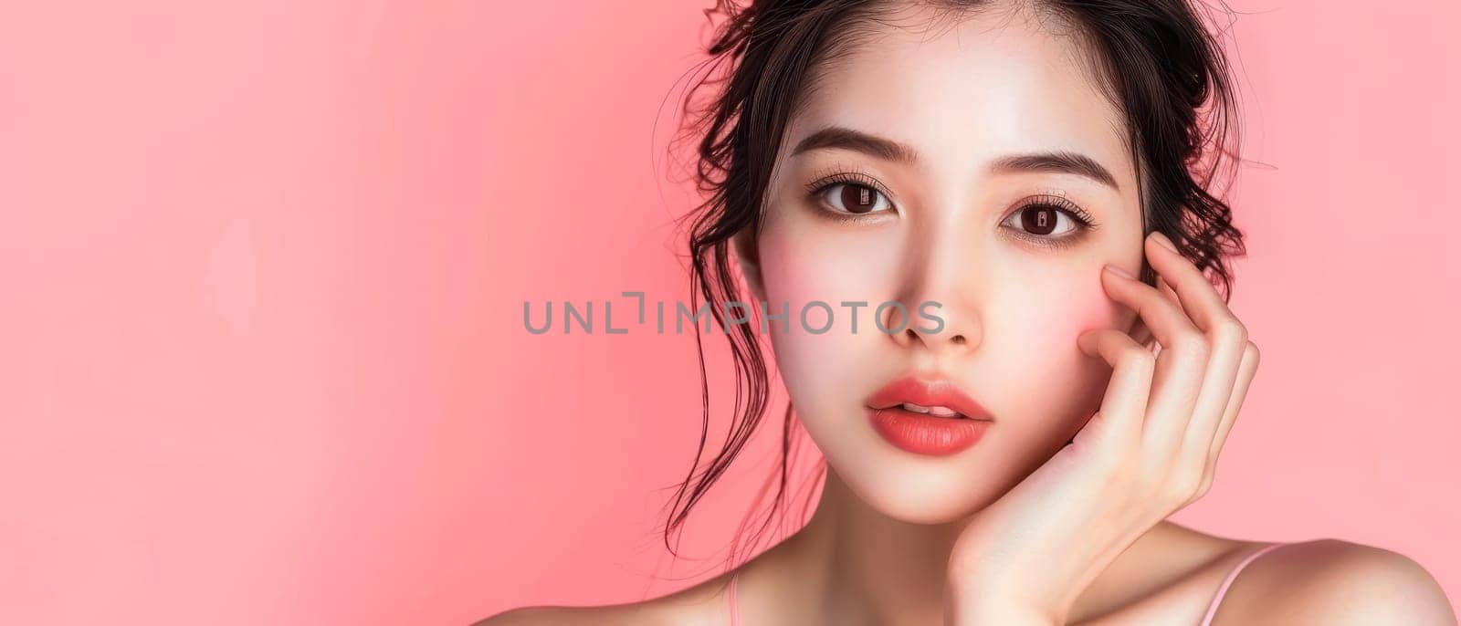 This portrait captures a young woman's poised elegance, her gaze fixed thoughtfully off-camera against a vibrant pink background. Her perfectly applied makeup enhances her facial features