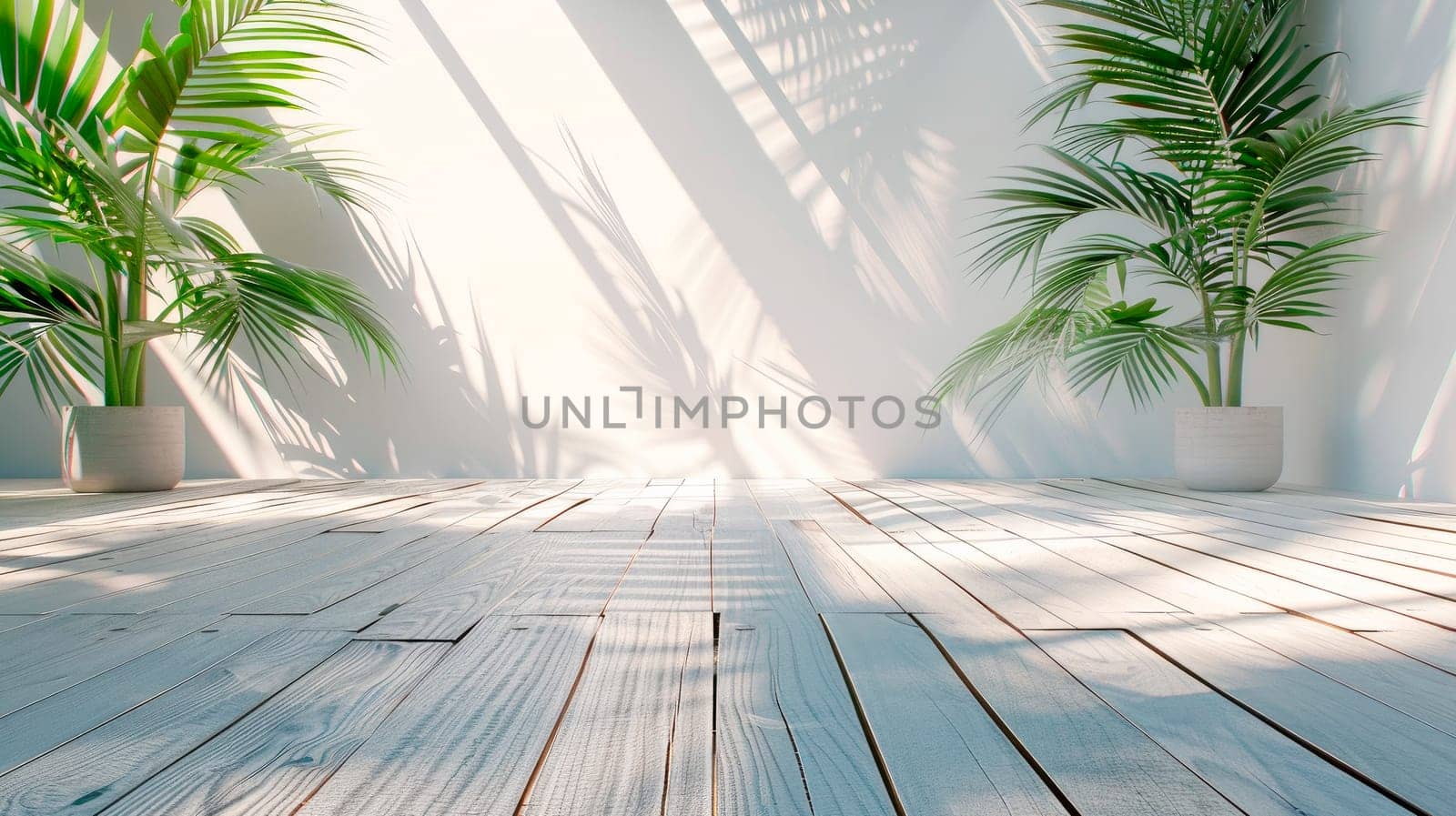 Tropical plants with lush leaves on wooden floor near white wall. Space for text. AI generated
