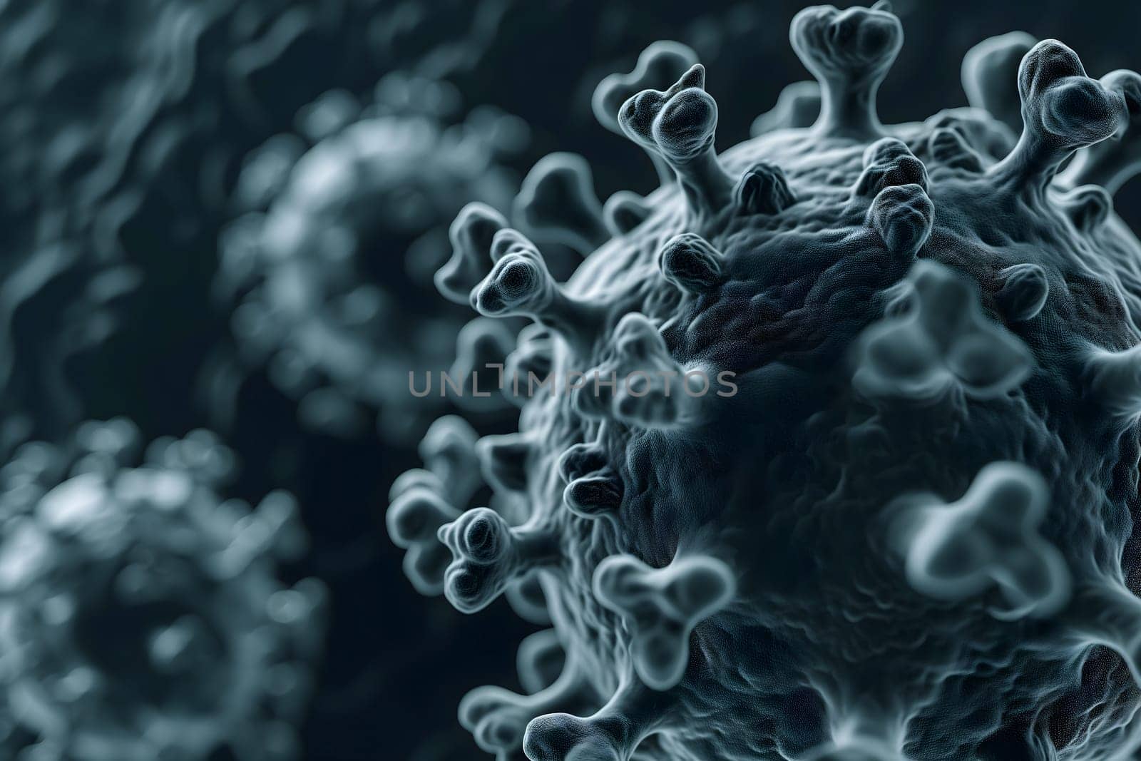 many black coronaviruses micro scene background. Neural network generated image. Not based on any actual scene or pattern.