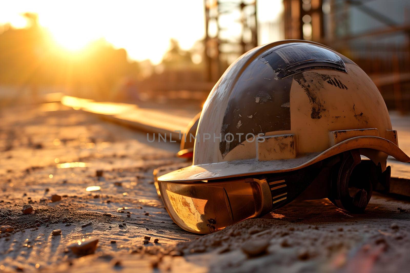 Old yellow hard hat at construction site. Neural network generated image. Not based on any actual scene or pattern.