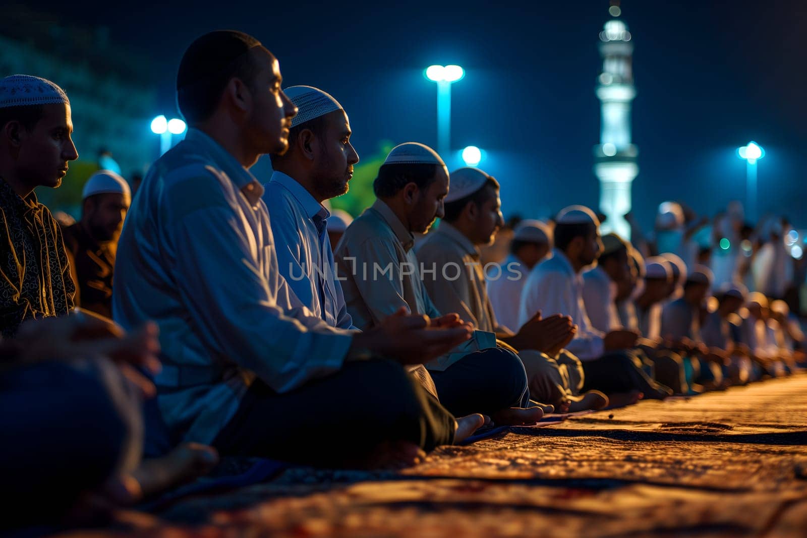 Muslim prayers in white clothes sitting in front of mosque at Ramadan night with selective focus. Neural network generated in January 2024. Not based on any actual scene or pattern.