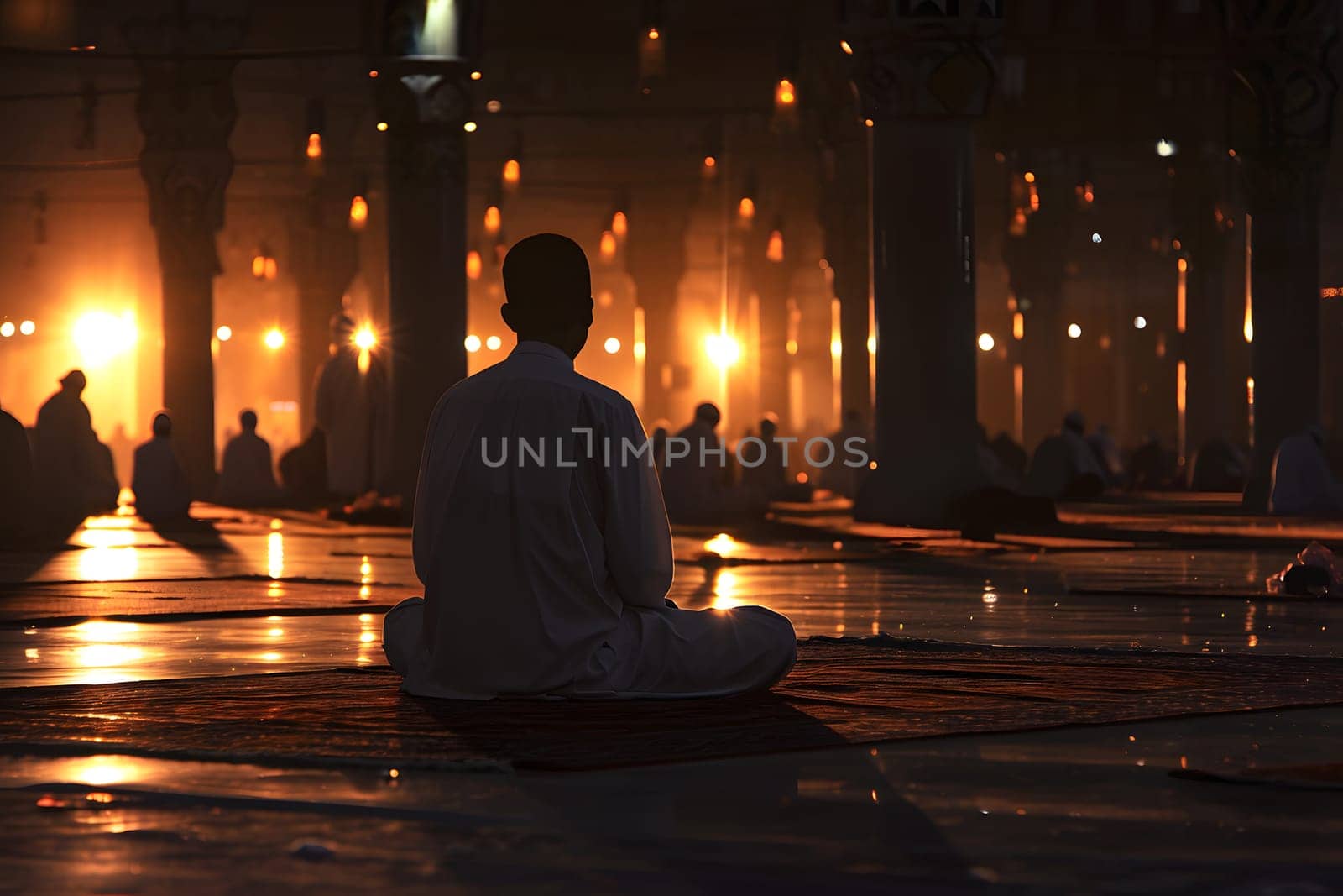 Muslim prayer in white clothes sitting in mosque at Ramadan night with selective focus. Neural network generated in January 2024. Not based on any actual scene or pattern.