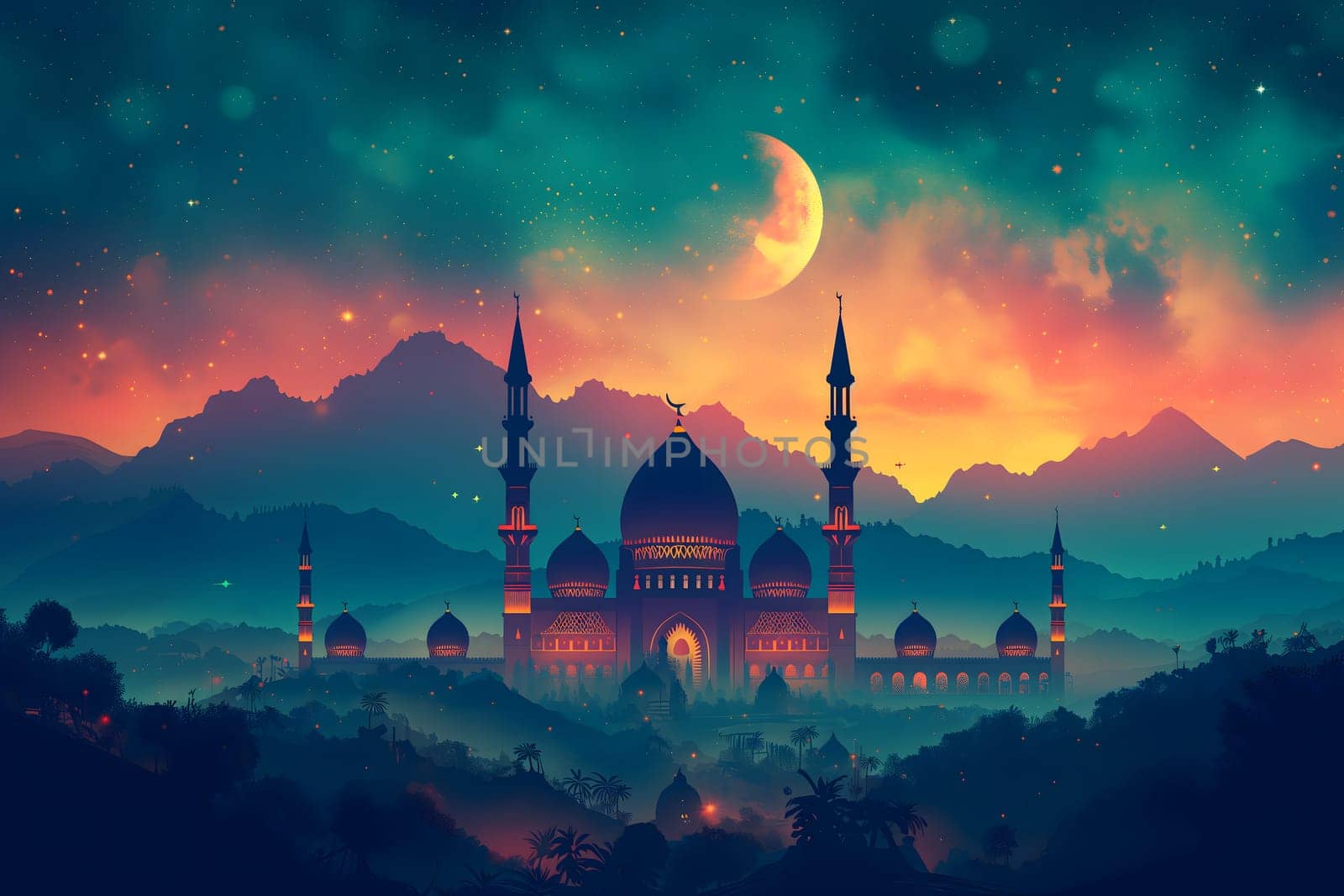 Ramadan mosque with night afterglow sky with crescent. Neural network generated in January 2024. Not based on any actual scene or pattern.